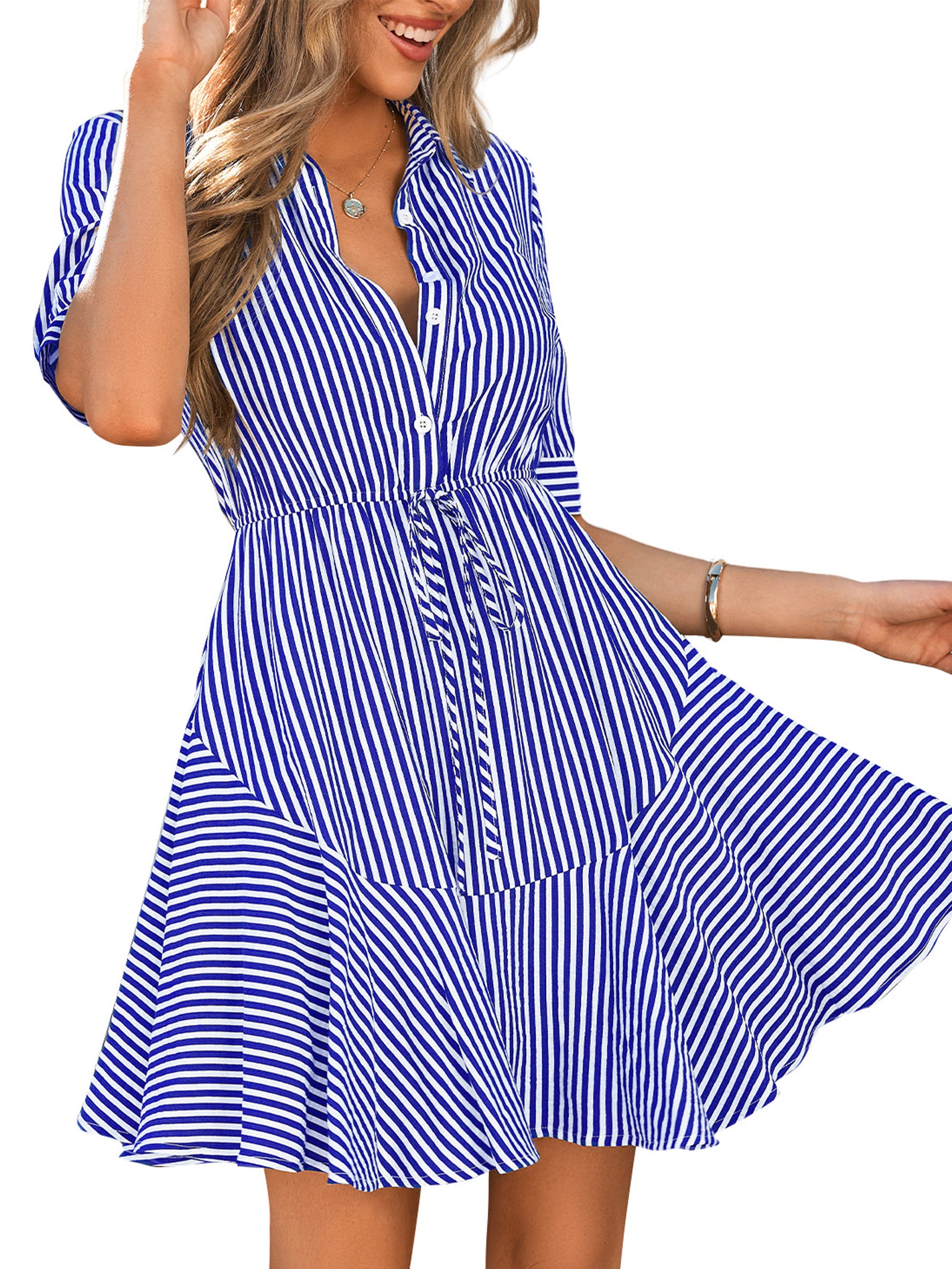MASCOMODA Womens Striped Summer Short Sleeve Mini Dress Casual V Neck Button Down Flowy A Line Tie Waist Shirt Dresses