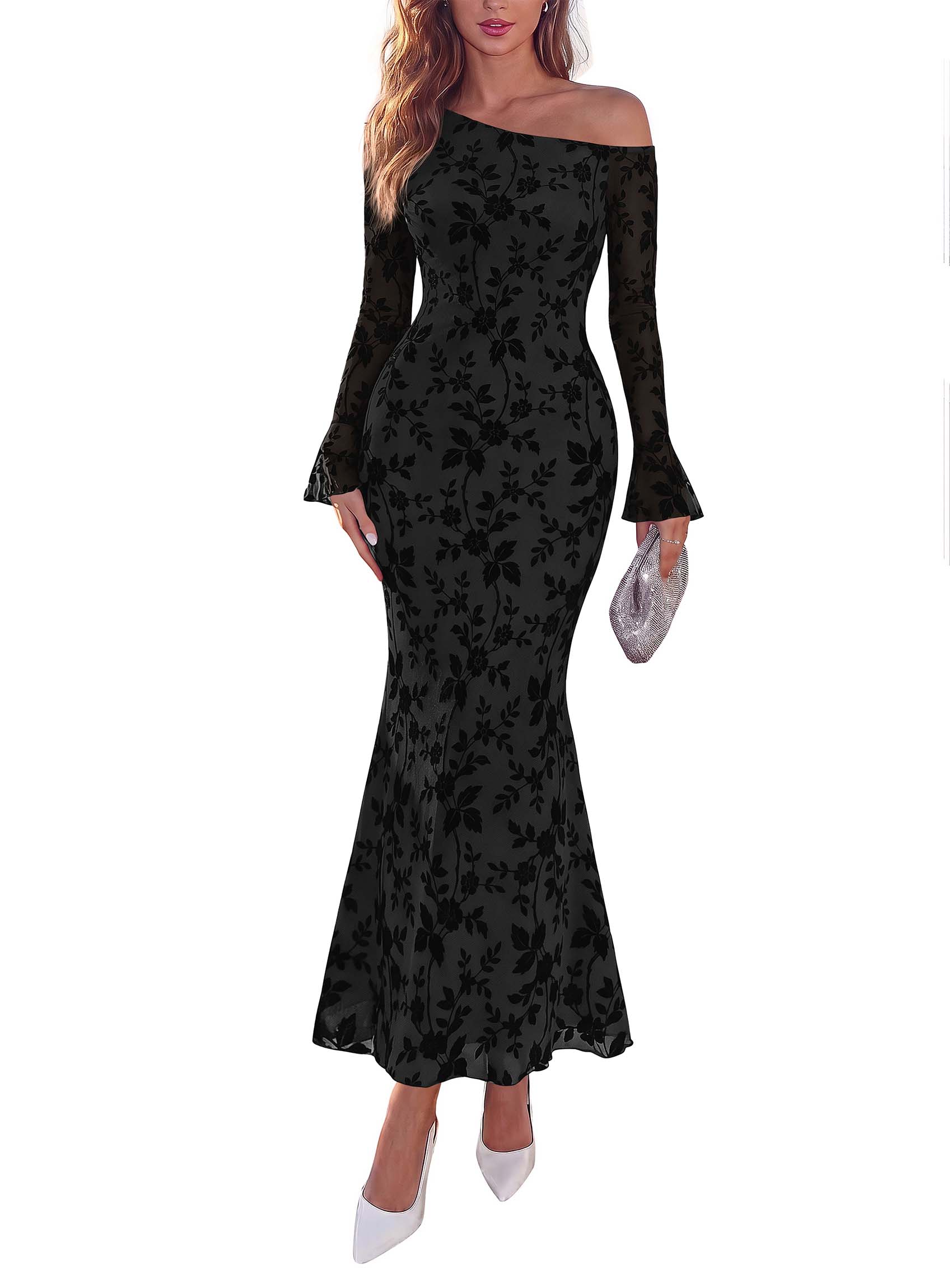 MASCOMODA Womens Off One Shoulder Long Sleeve Floral Mesh Maxi Dress Formal