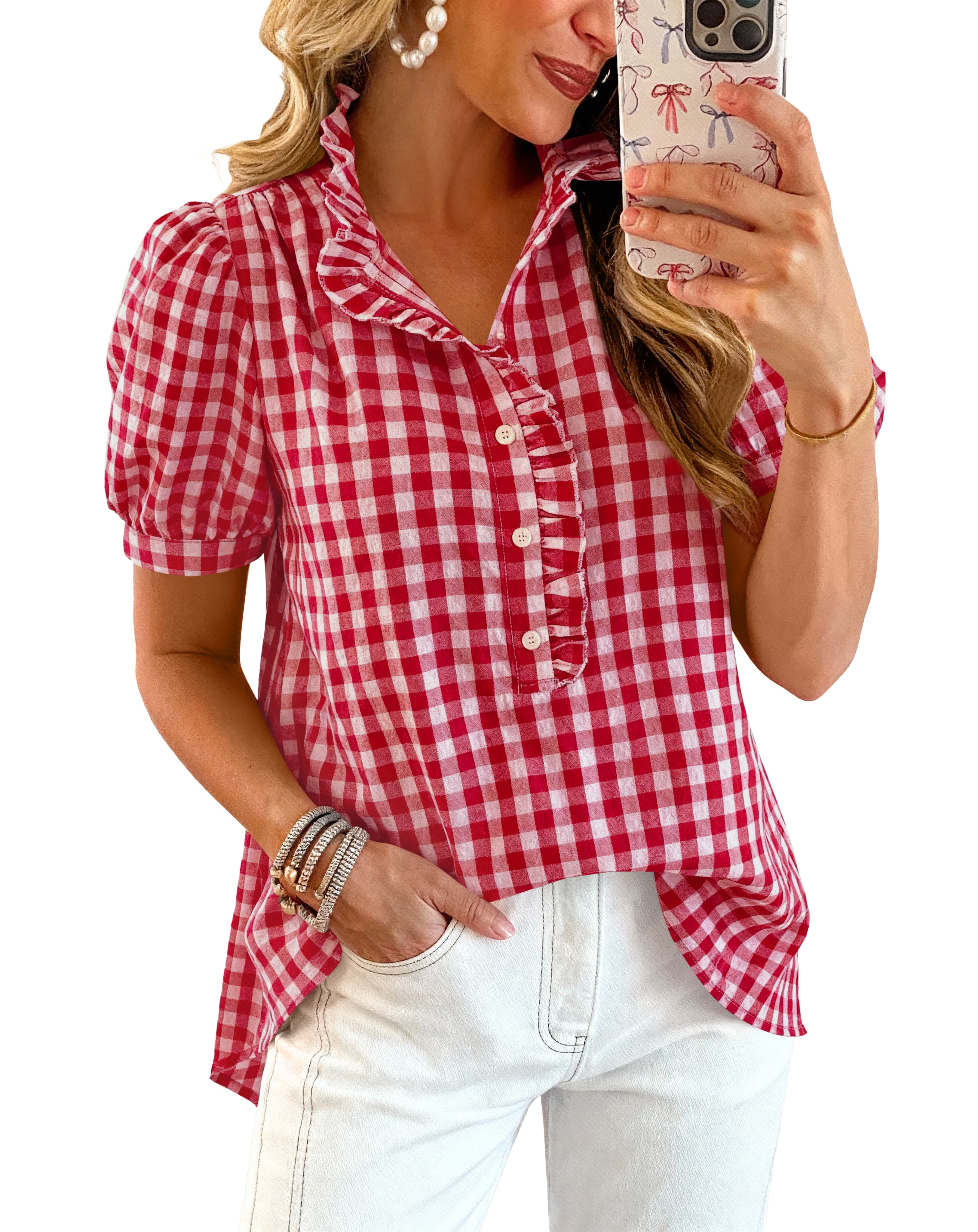 MASCOMODA Women's Short Puff Sleeve V Neck Ruffled Trim Striped Plaid Shirts Summer Casual Tops Button Up Work Blouse