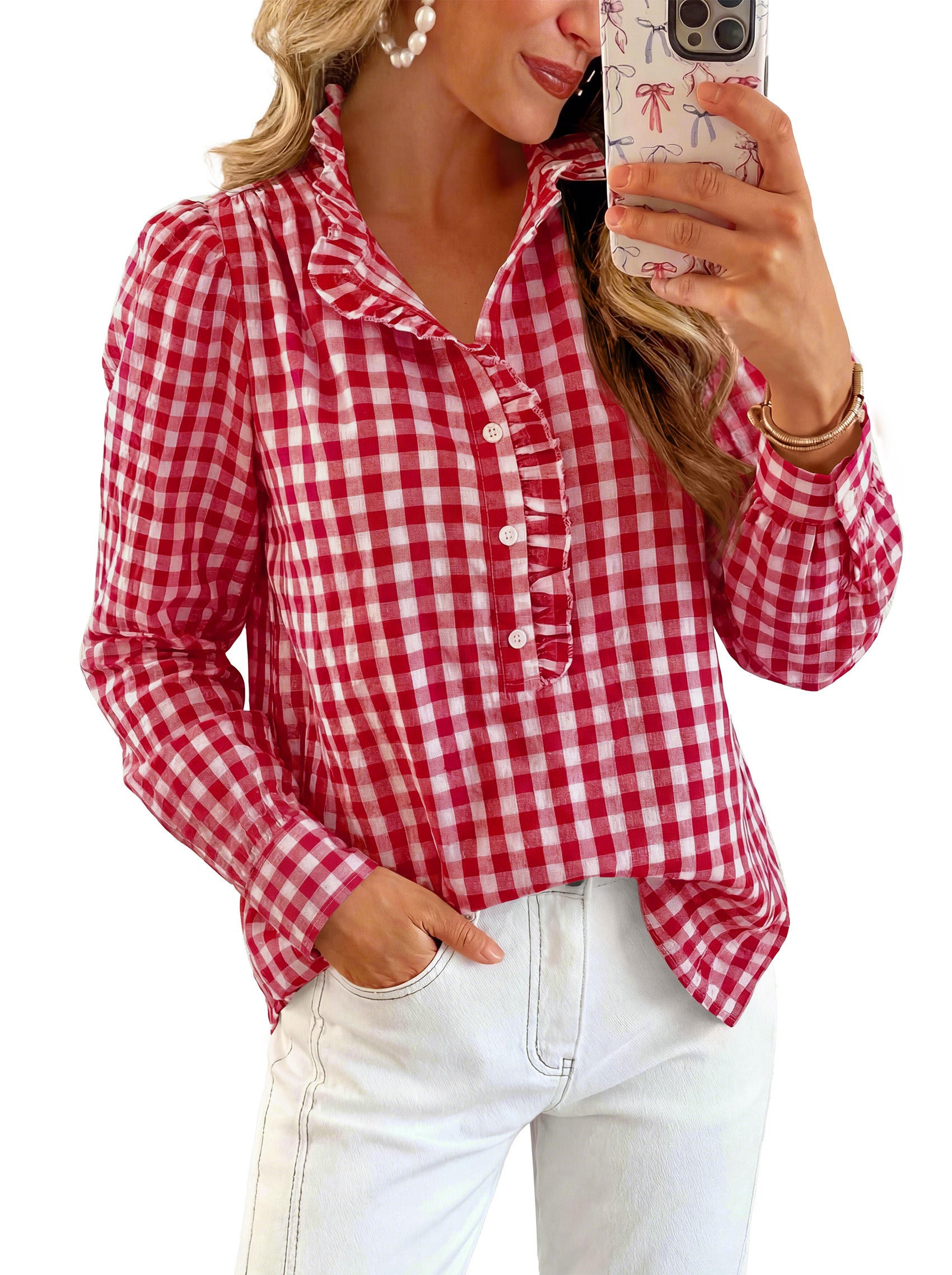 MASCOMODA Womens Long Sleeve Button Down Tops Plaid Shirts | 100% Cotton Shirts, Lightweight, Ruffled Collar, Puff Sleeve Gingham Top, Business Casual Work Blouses, Fall Office Wear