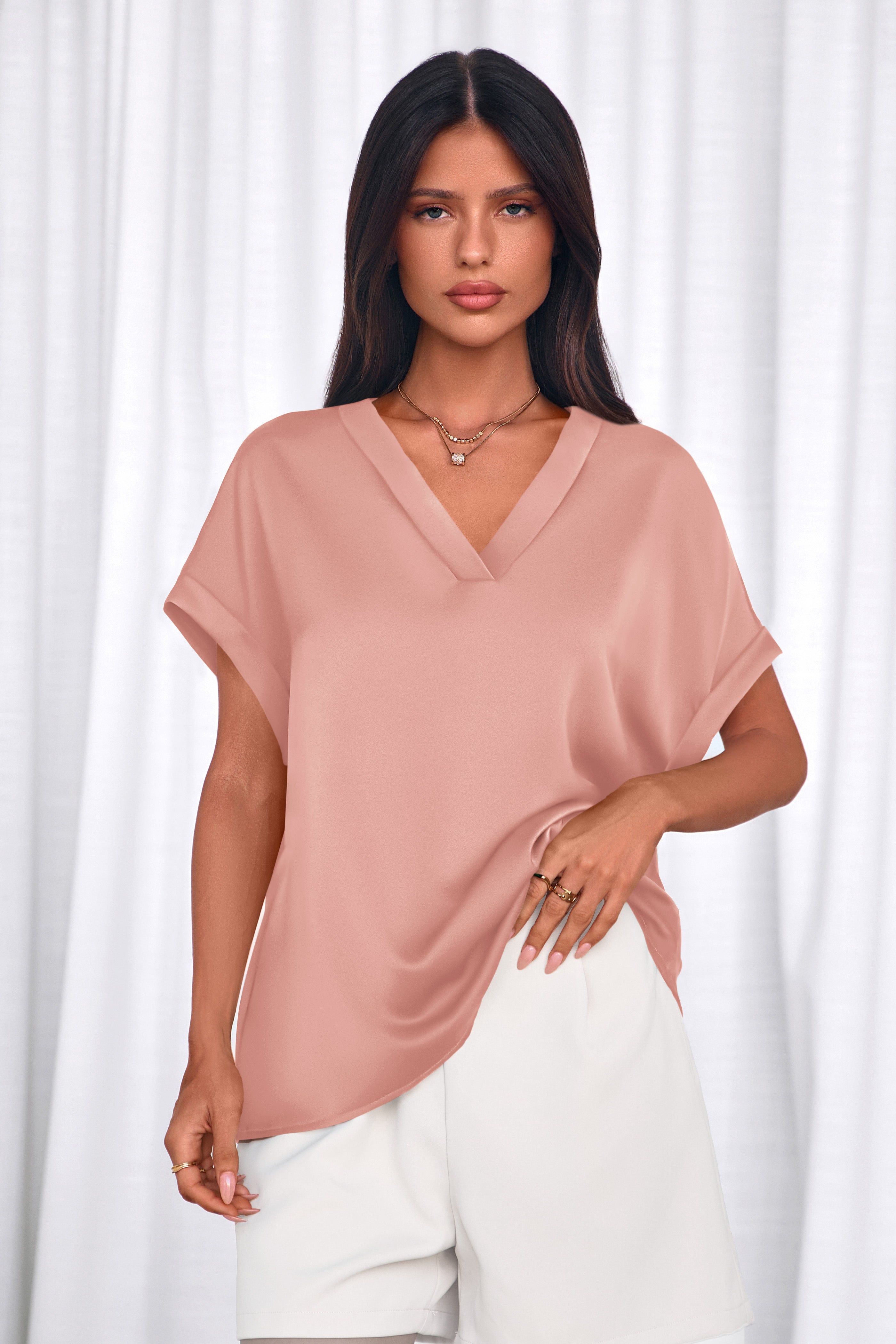 MASCOMODA Womens V Neck Silk Satin Tops Dressy Short Sleeve Work Blouses Spring Summer Loose T Shirts Business Casual Outfits