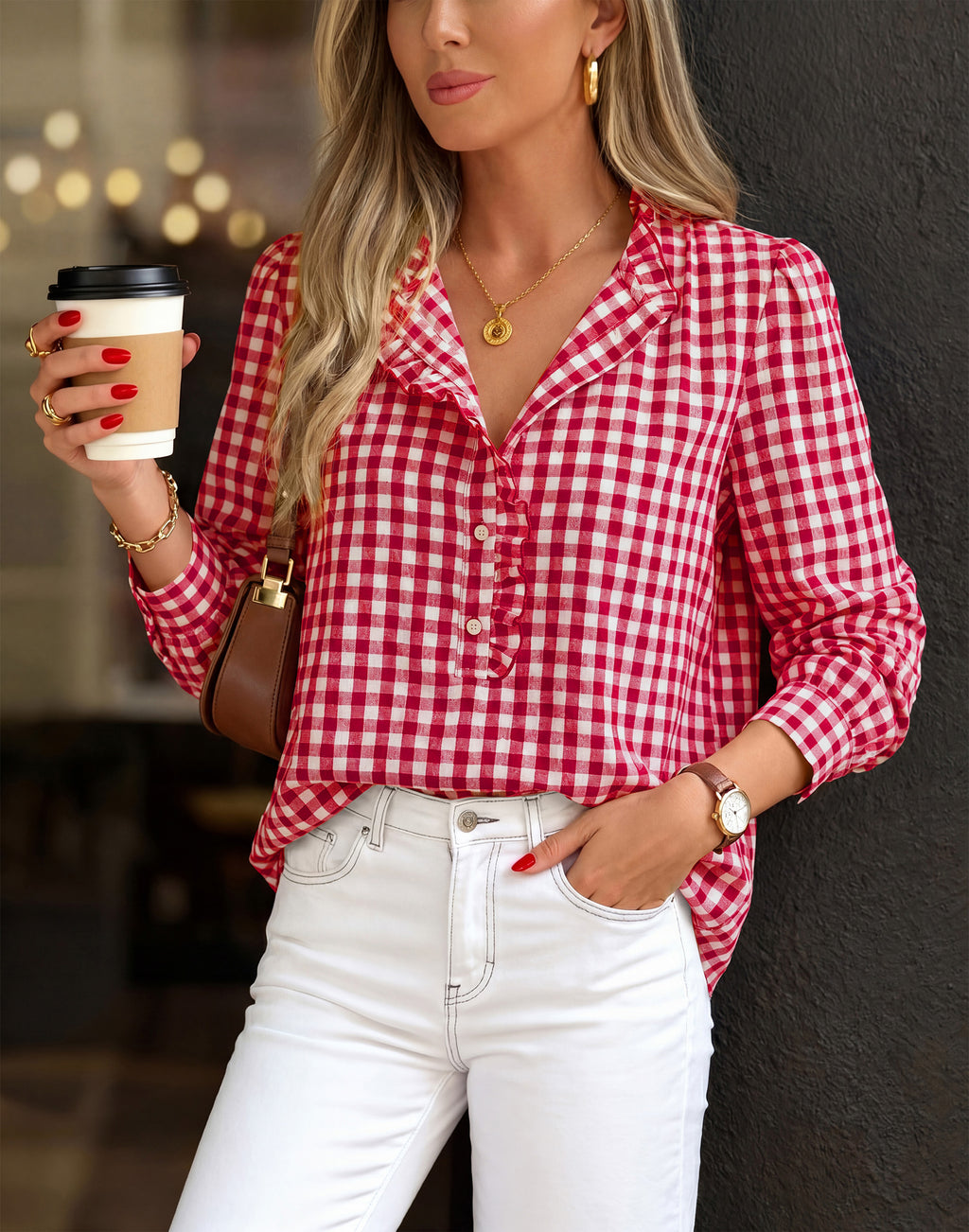 MASCOMODA Womens Long Sleeve Button Down Tops Plaid Shirts | 100% Cotton Shirts, Lightweight, Ruffled Collar, Puff Sleeve Gingham Top, Business Casual Work Blouses, Fall Office Wear