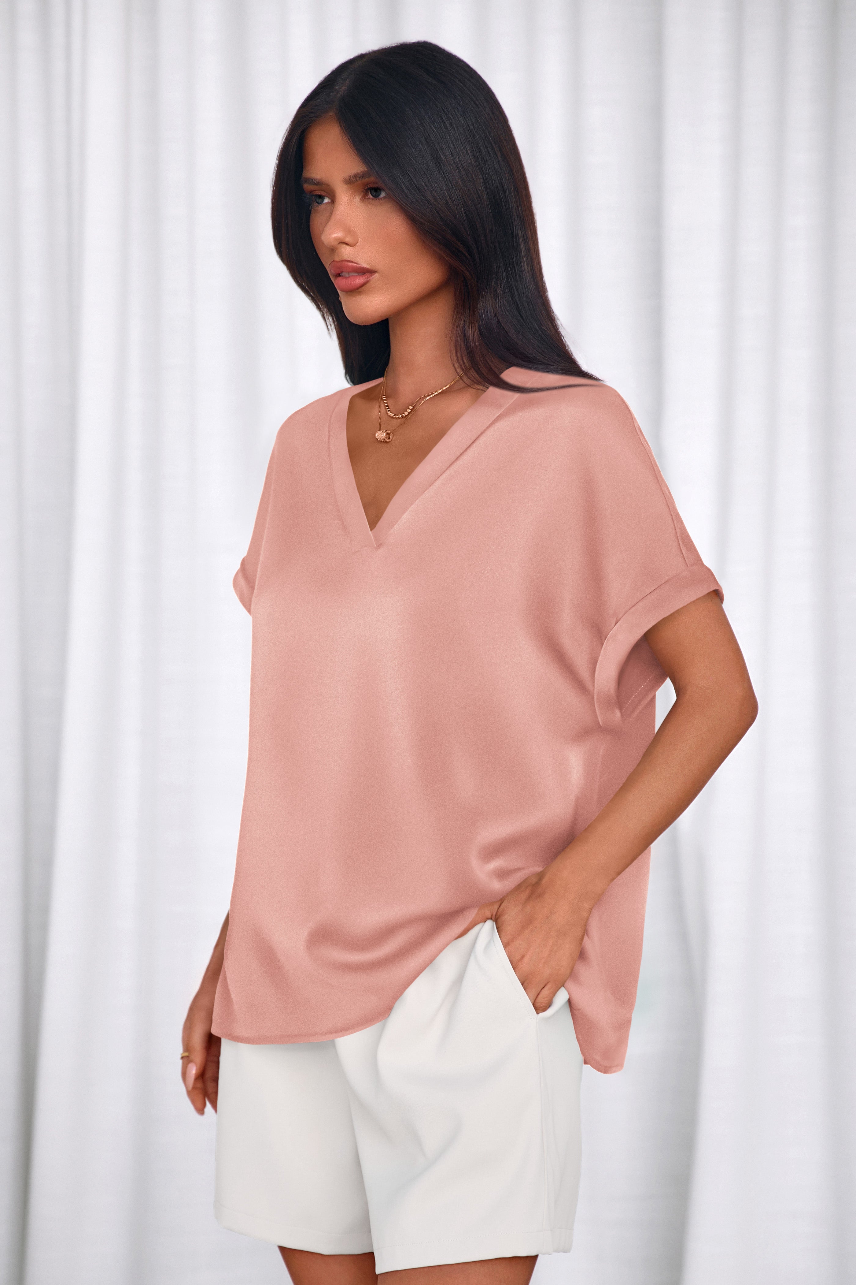 MASCOMODA Womens V Neck Silk Satin Tops Dressy Short Sleeve Work Blouses Spring Summer Loose T Shirts Business Casual Outfits