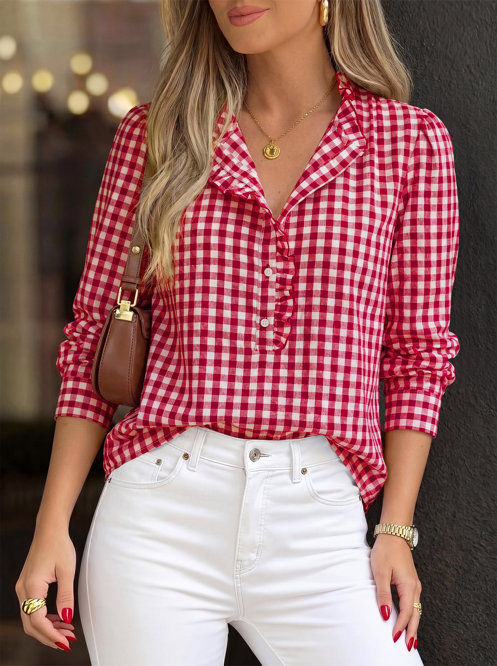 MASCOMODA Womens Long Sleeve Button Down Tops Plaid Shirts | 100% Cotton Shirts, Lightweight, Ruffled Collar, Puff Sleeve Gingham Top, Business Casual Work Blouses, Fall Office Wear