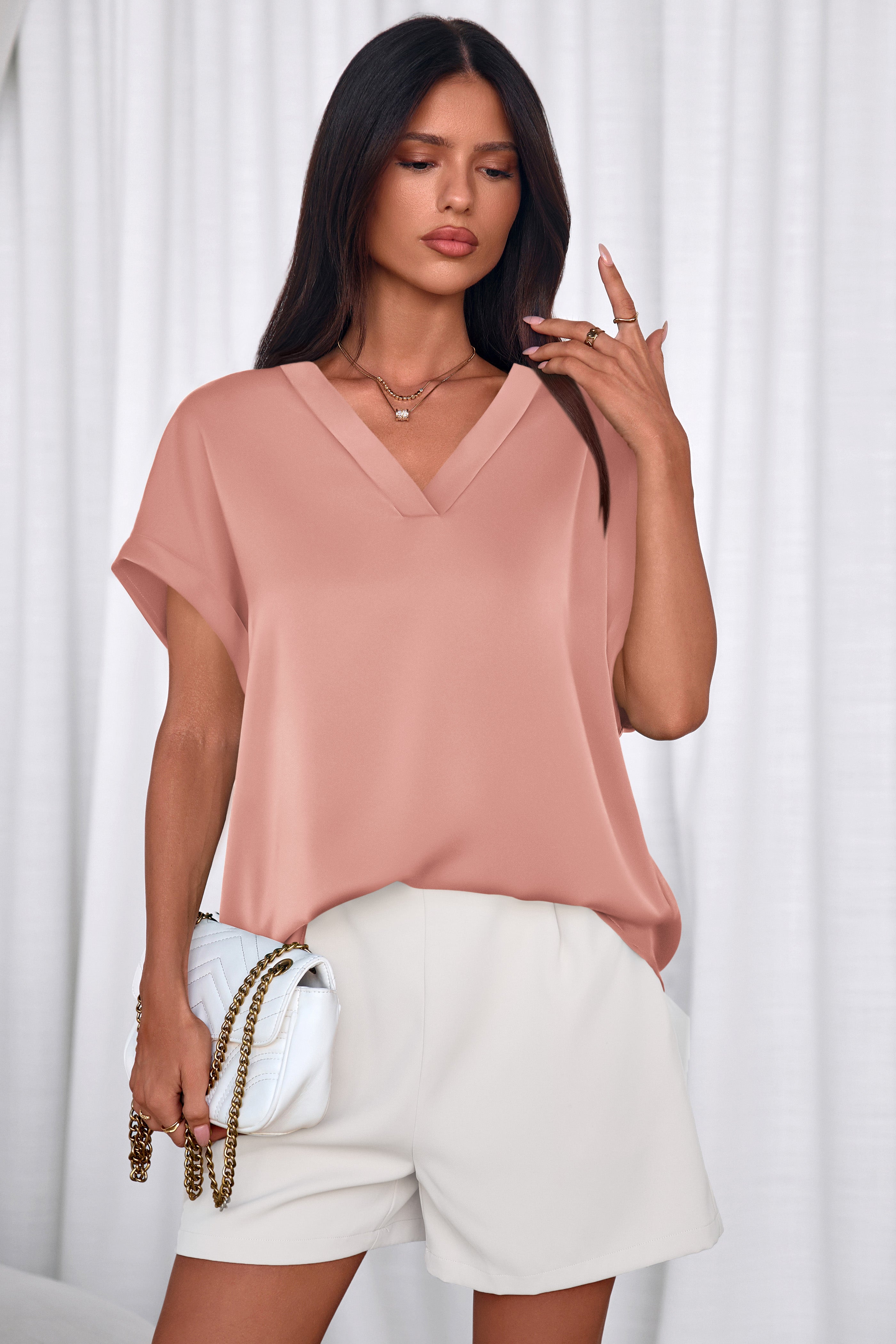 MASCOMODA Womens V Neck Silk Satin Tops Dressy Short Sleeve Work Blouses Spring Summer Loose T Shirts Business Casual Outfits