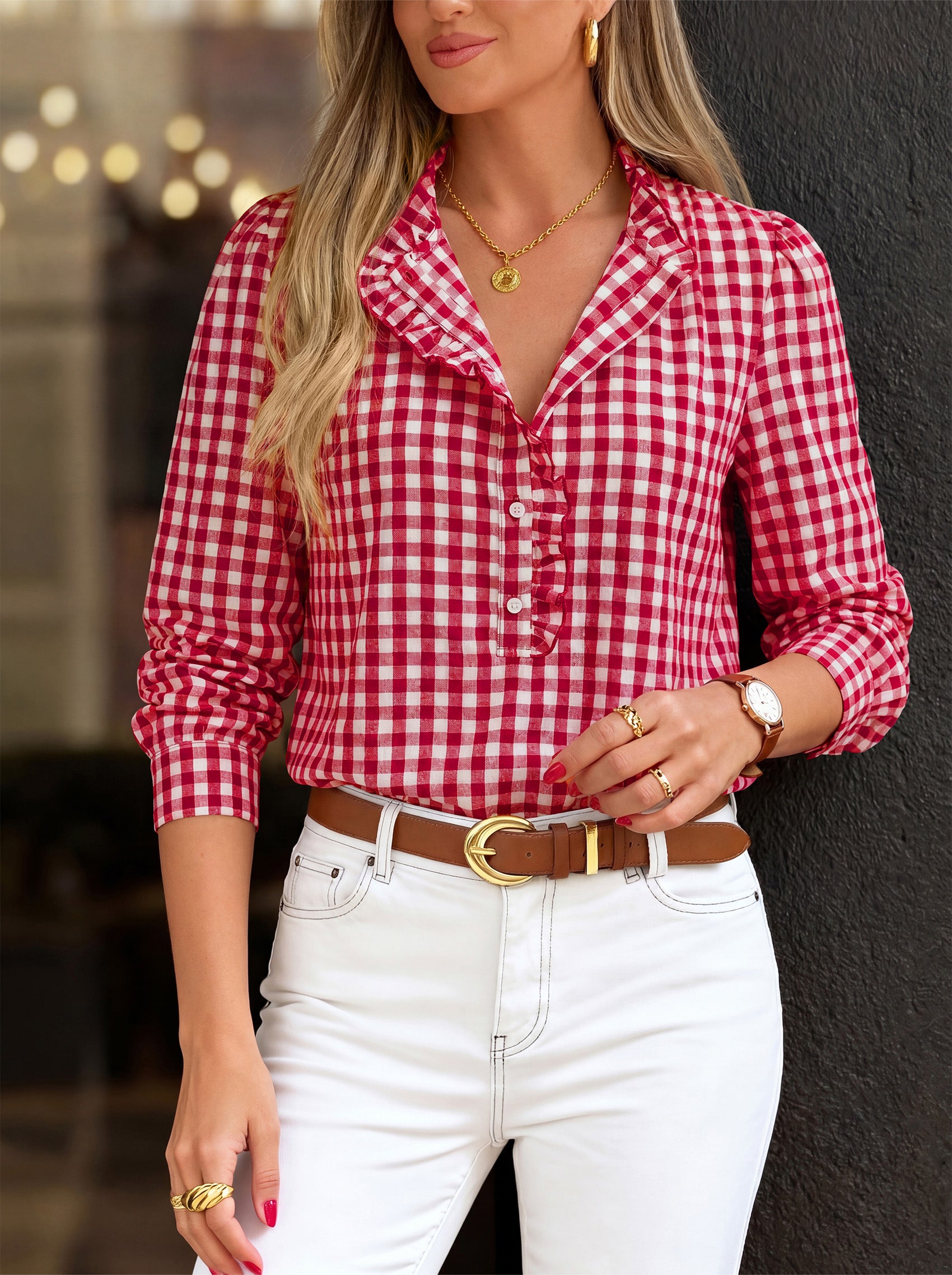 MASCOMODA Womens Long Sleeve Button Down Tops Plaid Shirts | 100% Cotton Shirts, Lightweight, Ruffled Collar, Puff Sleeve Gingham Top, Business Casual Work Blouses, Fall Office Wear
