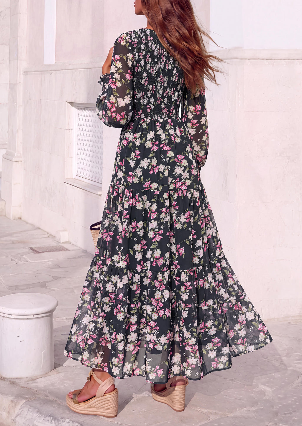 MASCOMODA Womens Flroal Long Sleeve Dress Boho A Line Fall Maxi Dresses Sheer Lantern Sleeve, Lined & Pockets, Smocked Front Back, High Waisted Flowy Long Dress, Tiered Fall Wedding Guest Dresses