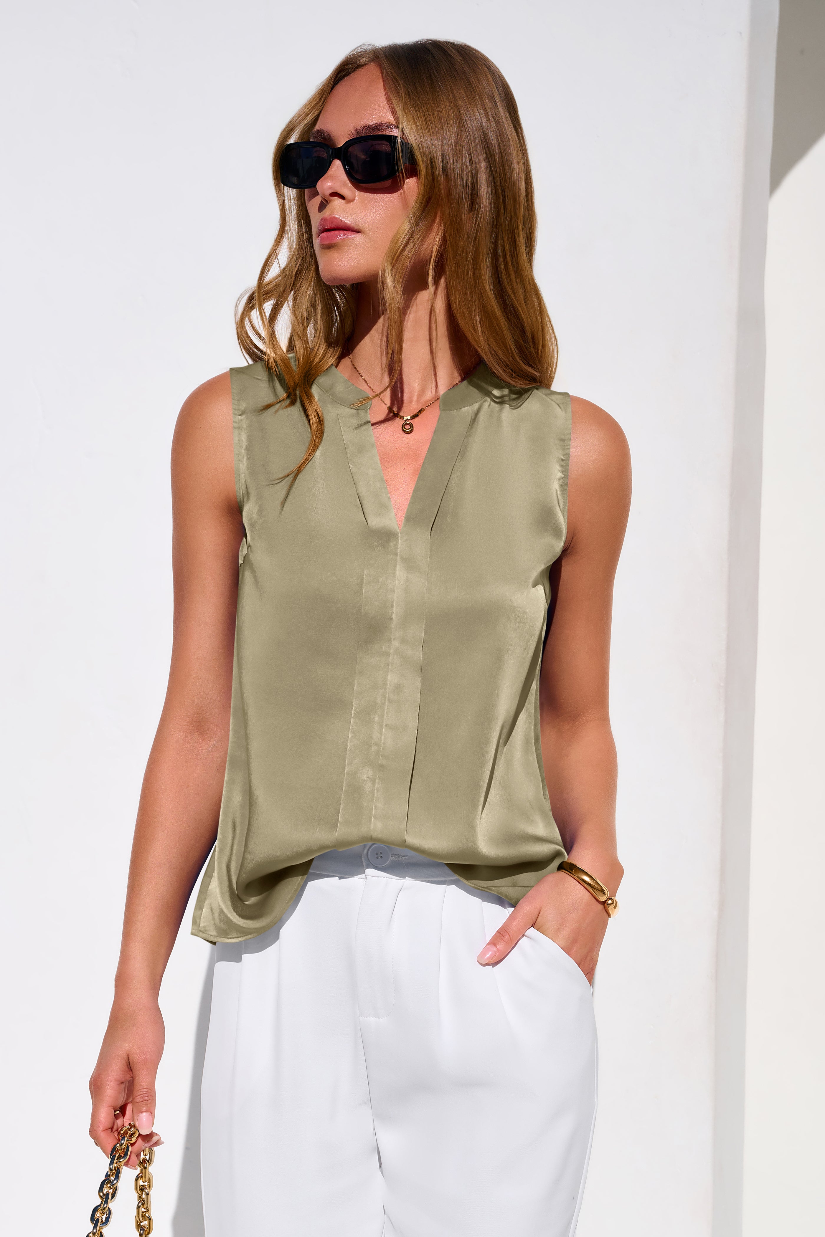 MASCOMODA Women's Satin V Neck Tank Tops Dressy Spring Summer 2026 Silk Sleeveless Blouse Work Shirts Business Casual Outfits