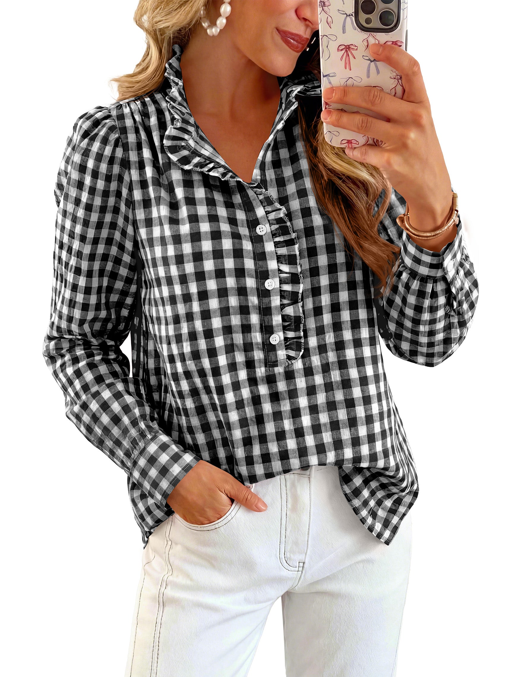 MASCOMODA Womens Long Sleeve Button Down Tops Plaid Shirts | 100% Cotton Shirts, Lightweight, Ruffled Collar, Puff Sleeve Gingham Top, Business Casual Work Blouses, Fall Office Wear