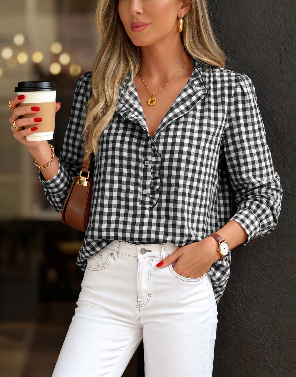 MASCOMODA Womens Long Sleeve Button Down Tops Plaid Shirts | 100% Cotton Shirts, Lightweight, Ruffled Collar, Puff Sleeve Gingham Top, Business Casual Work Blouses, Fall Office Wear