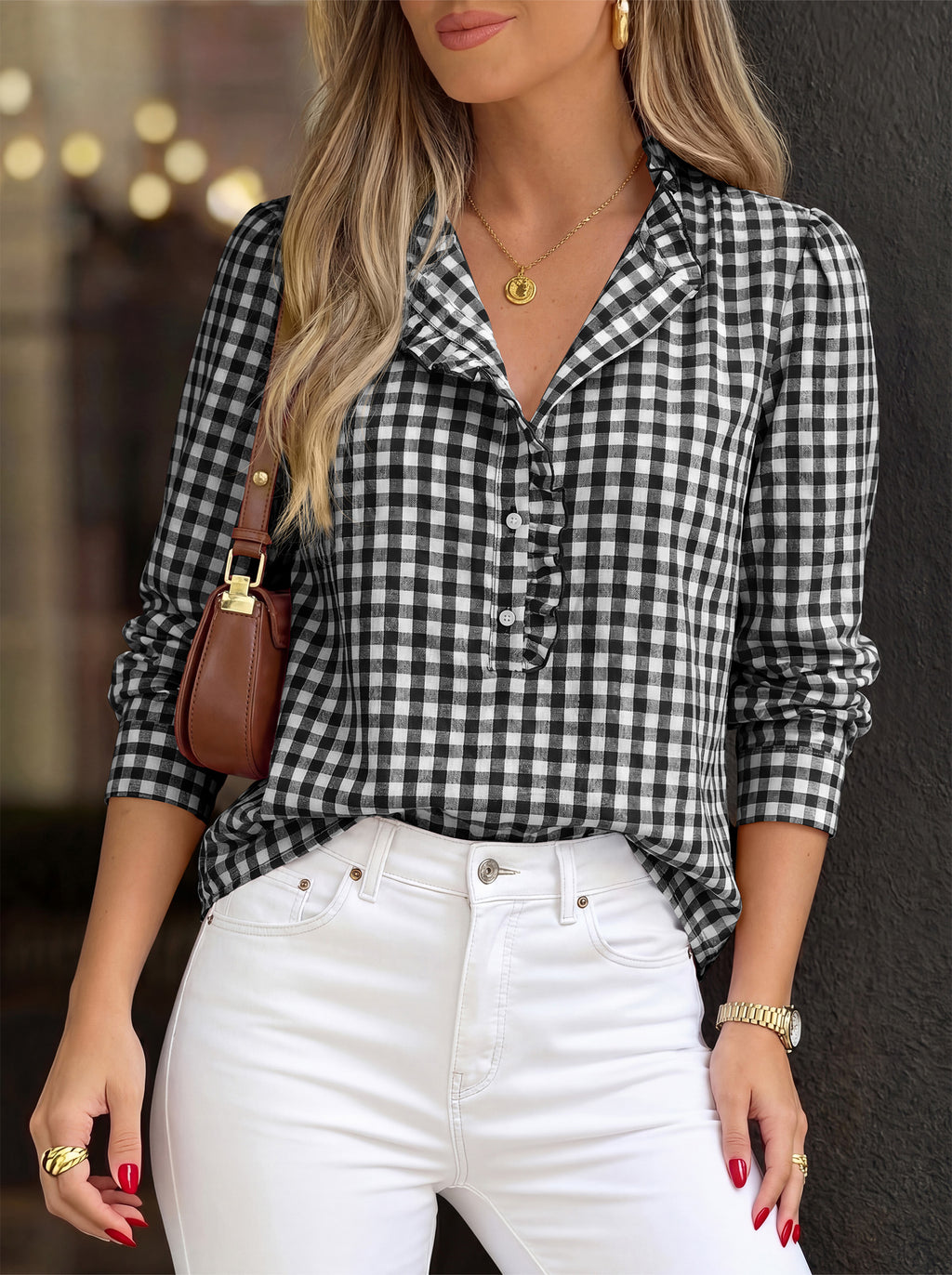 MASCOMODA Womens Long Sleeve Button Down Tops Plaid Shirts | 100% Cotton Shirts, Lightweight, Ruffled Collar, Puff Sleeve Gingham Top, Business Casual Work Blouses, Fall Office Wear