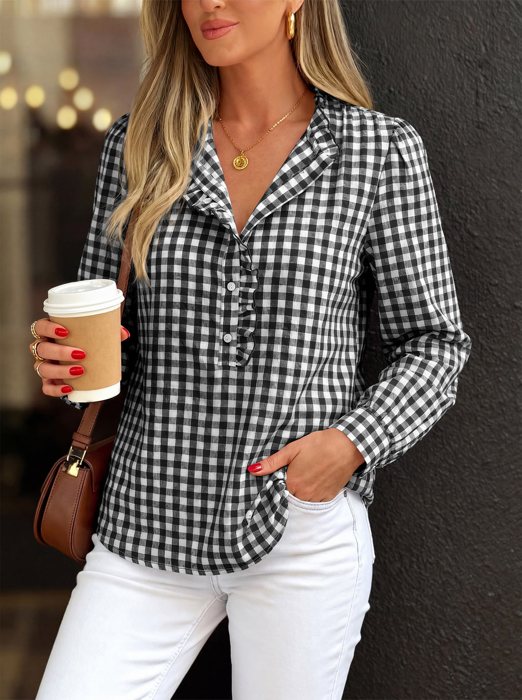 MASCOMODA Womens Long Sleeve Button Down Tops Plaid Shirts | 100% Cotton Shirts, Lightweight, Ruffled Collar, Puff Sleeve Gingham Top, Business Casual Work Blouses, Fall Office Wear