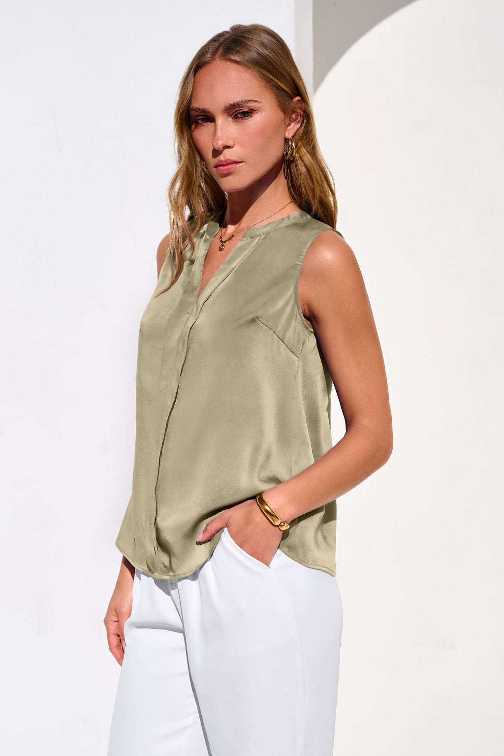 MASCOMODA Women's Satin V Neck Tank Tops Dressy Spring Summer 2026 Silk Sleeveless Blouse Work Shirts Business Casual Outfits