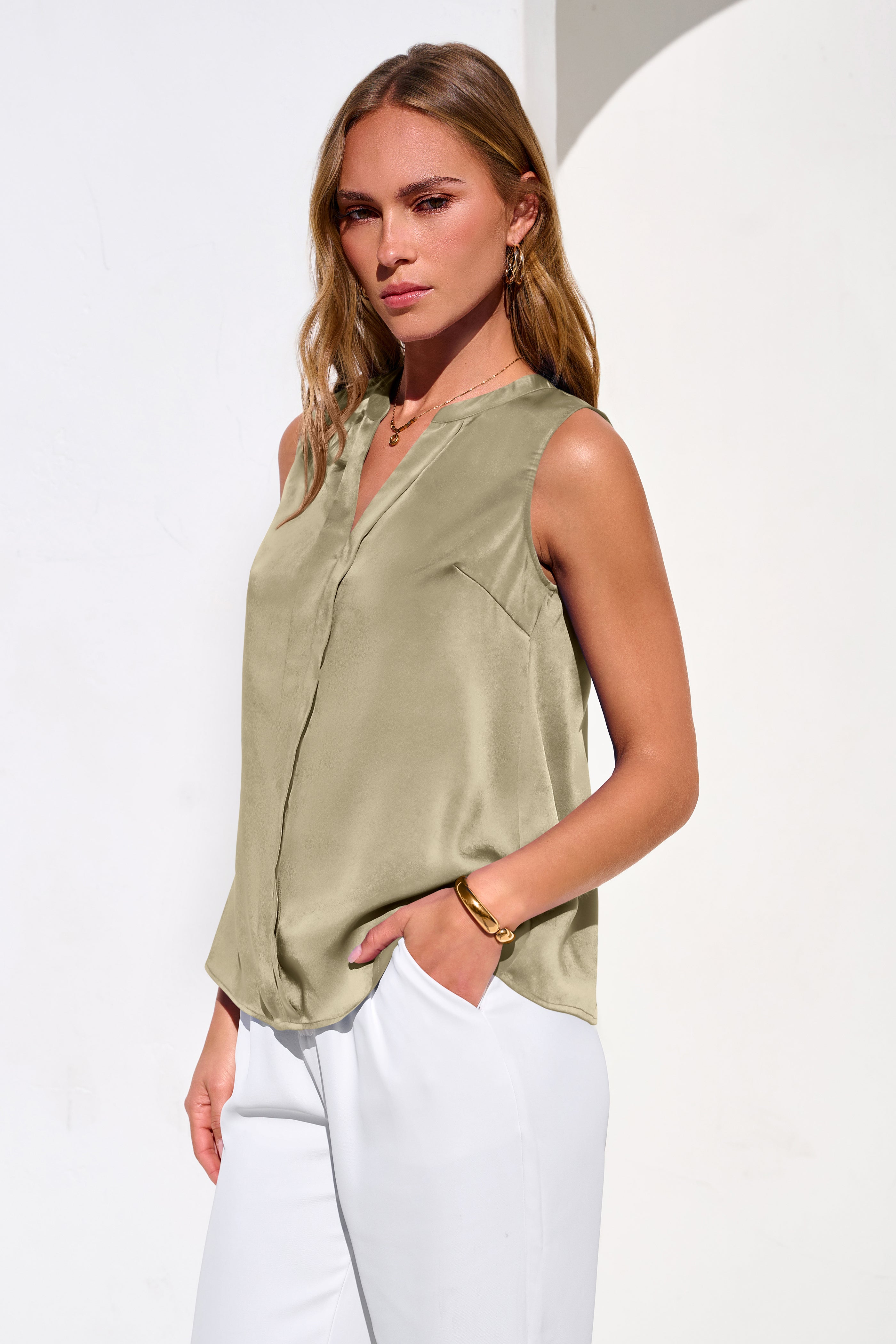 MASCOMODA Women's Satin V Neck Tank Tops Dressy Spring Summer 2026 Silk Sleeveless Blouse Work Shirts Business Casual Outfits