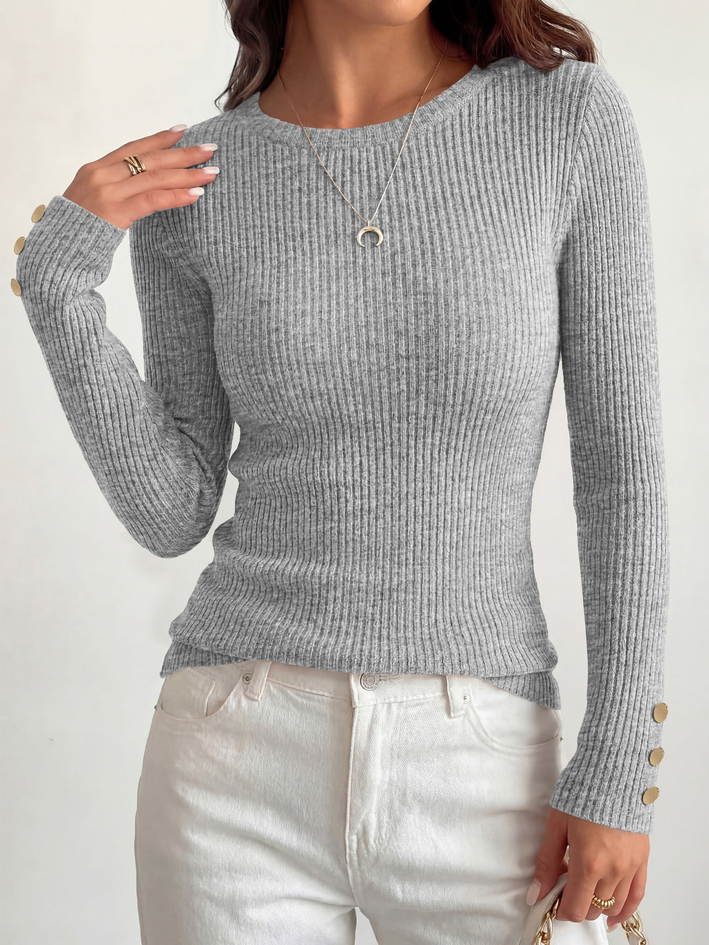 MASCOMODA Fall Long Sleeve Shirts for Women Dressy Crewneck Ribbed Knit Work Tops with Button Cuffs Business Casual Outfits
