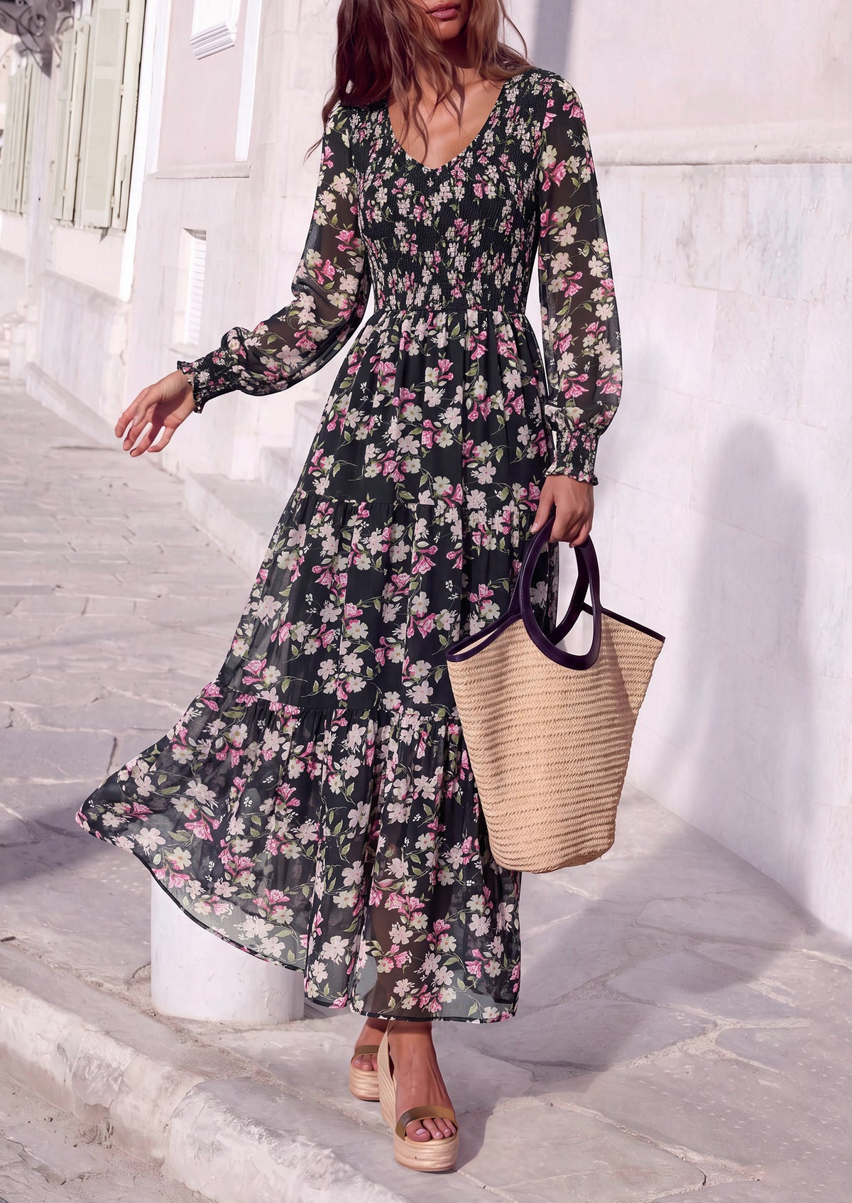 MASCOMODA Womens Flroal Long Sleeve Dress Boho A Line Fall Maxi Dresses Sheer Lantern Sleeve, Lined & Pockets, Smocked Front Back, High Waisted Flowy Long Dress, Tiered Fall Wedding Guest Dresses