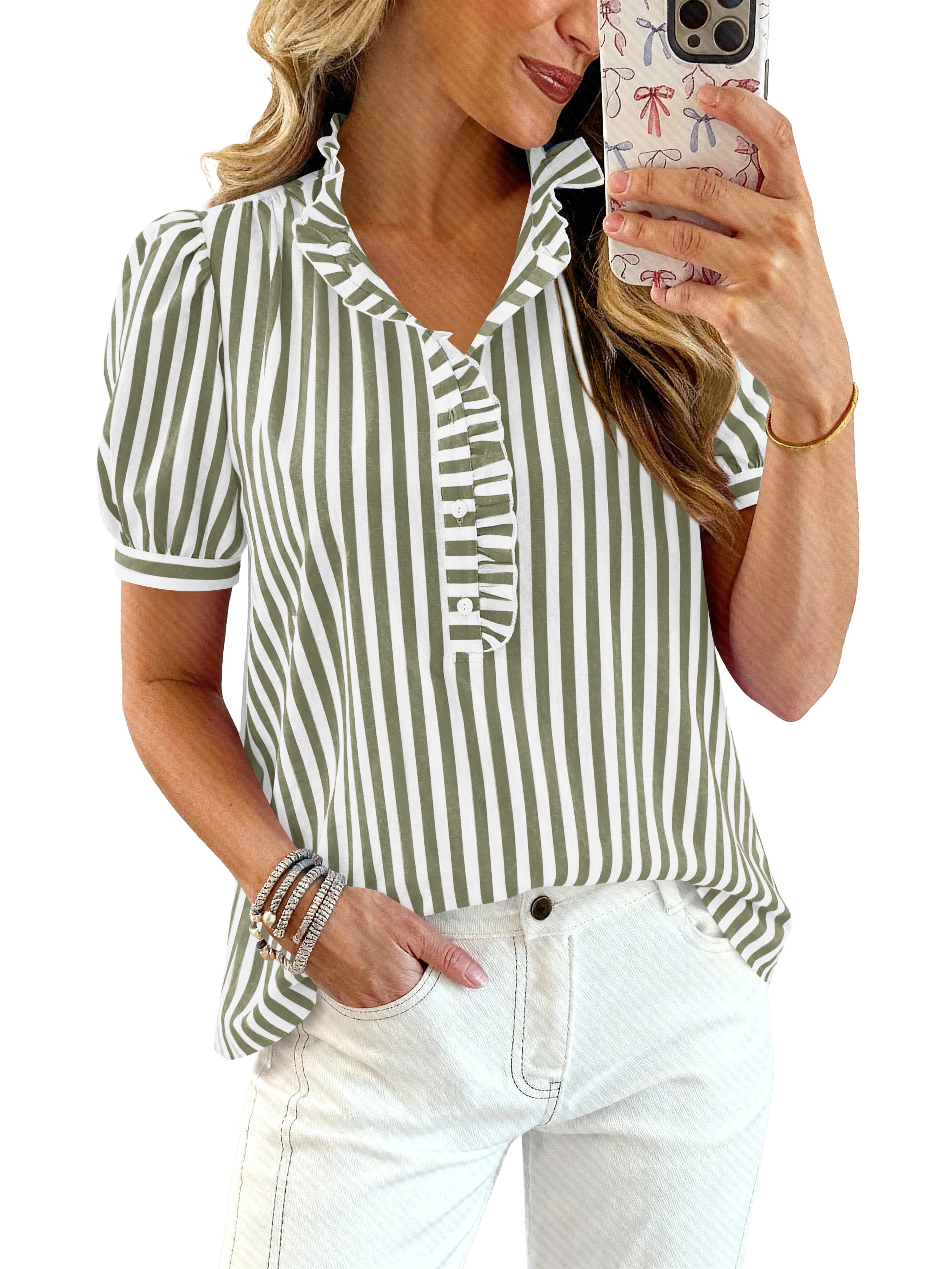 MASCOMODA Women's Short Puff Sleeve V Neck Ruffled Trim Striped Plaid Shirts Summer Casual Tops Button Up Work Blouse