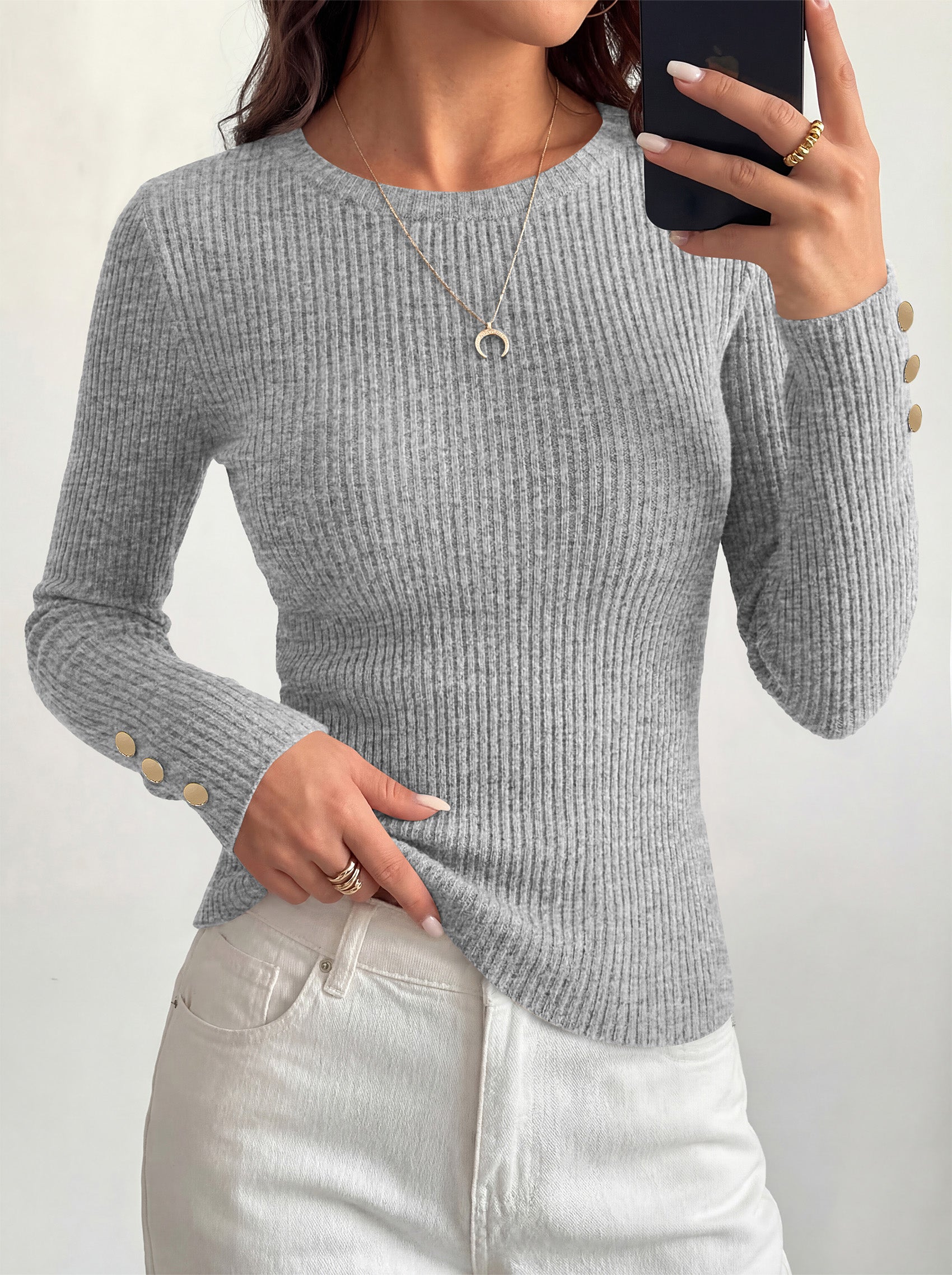 MASCOMODA Fall Long Sleeve Shirts for Women Dressy Crewneck Ribbed Knit Work Tops with Button Cuffs Business Casual Outfits