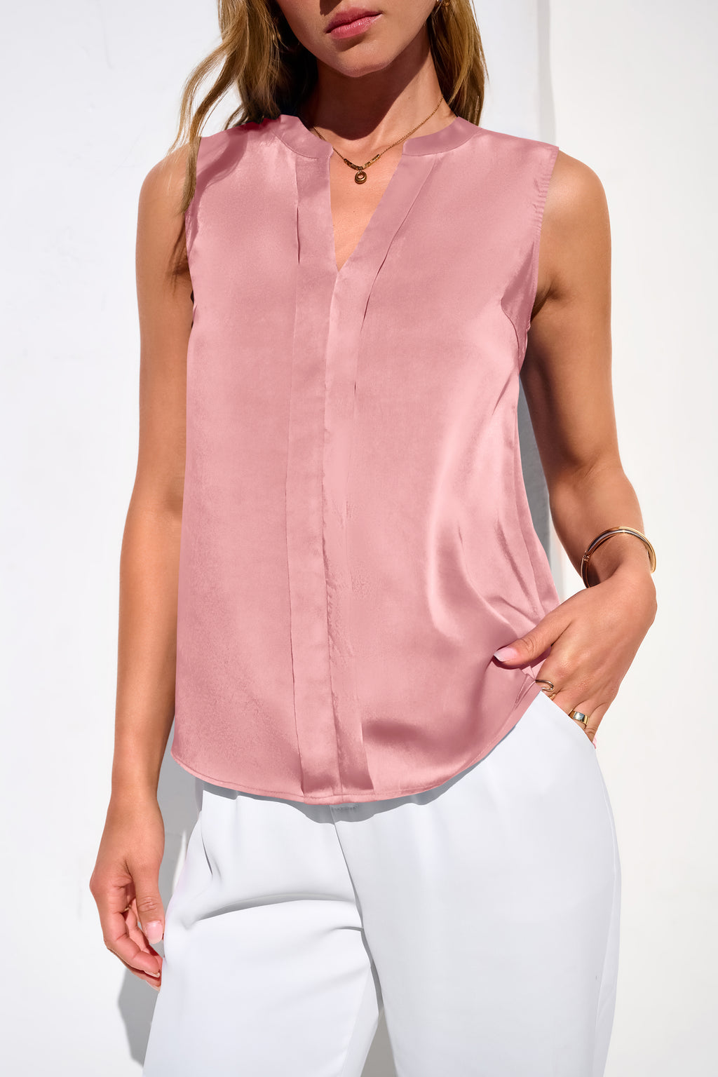 MASCOMODA Women's Satin V Neck Tank Tops Dressy Spring Summer 2026 Silk Sleeveless Blouse Work Shirts Business Casual Outfits