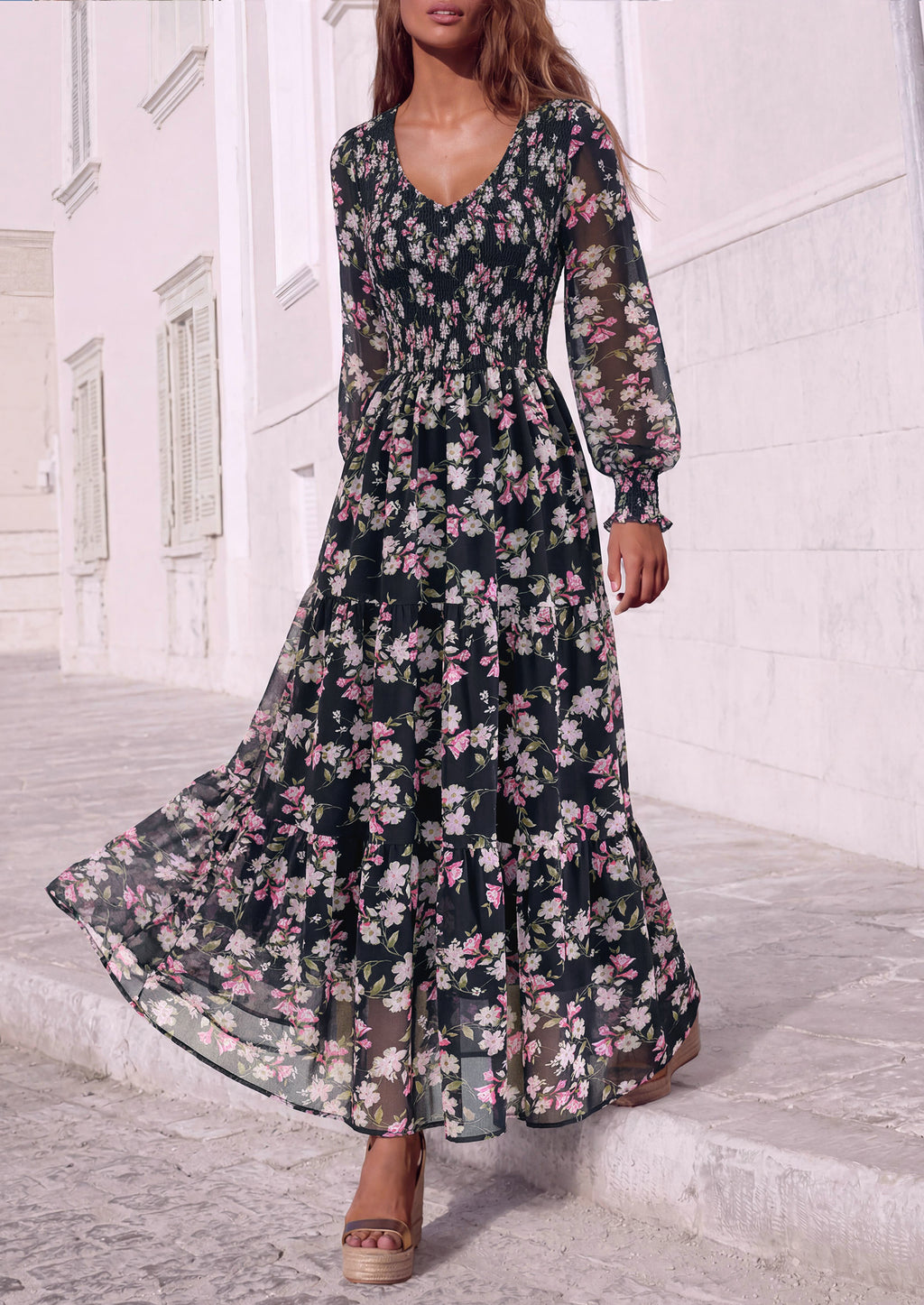 MASCOMODA Womens Flroal Long Sleeve Dress Boho A Line Fall Maxi Dresses Sheer Lantern Sleeve, Lined & Pockets, Smocked Front Back, High Waisted Flowy Long Dress, Tiered Fall Wedding Guest Dresses
