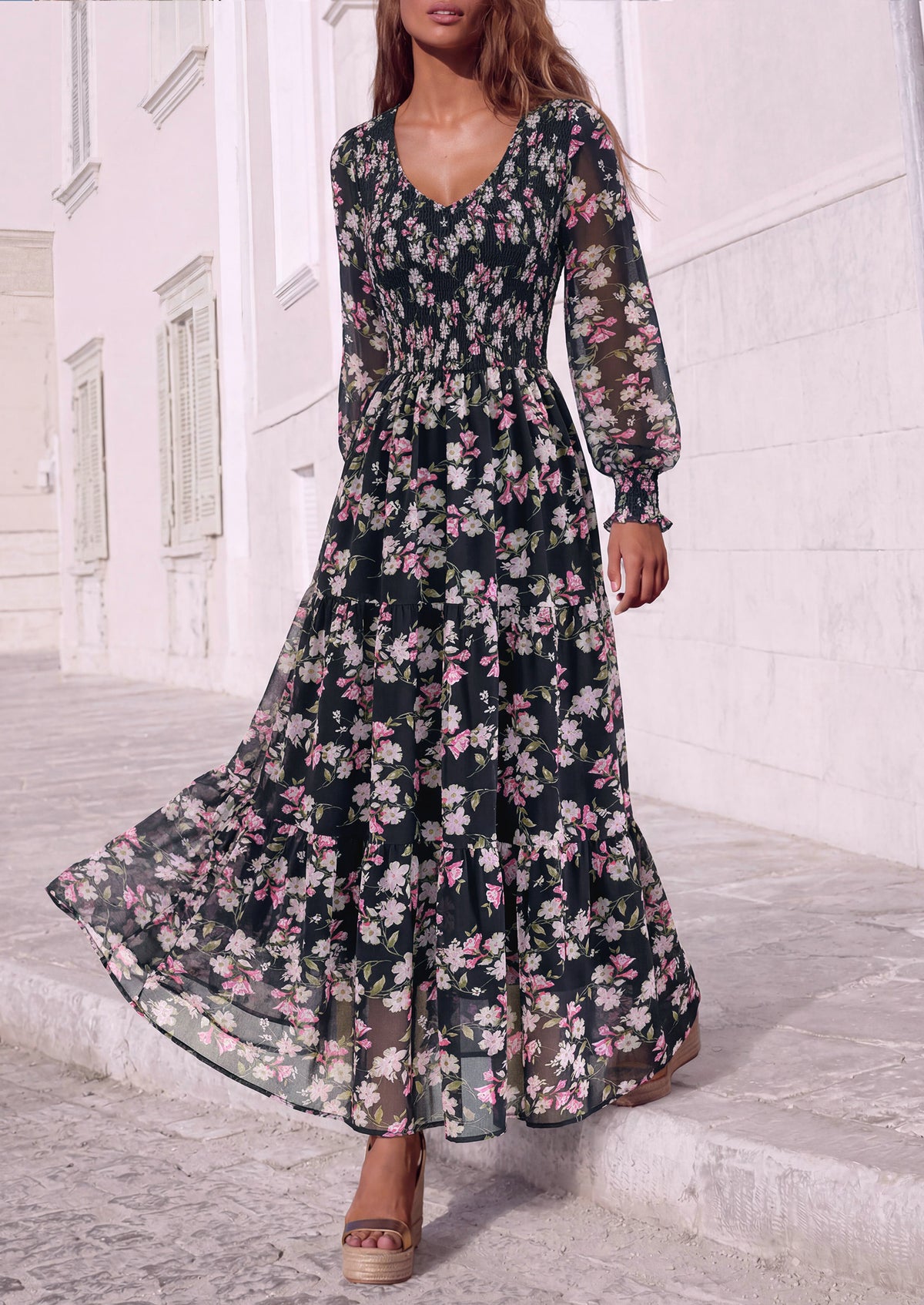 MASCOMODA Womens Flroal Long Sleeve Dress Boho A Line Fall Maxi Dresses Sheer Lantern Sleeve, Lined & Pockets, Smocked Front Back, High Waisted Flowy Long Dress, Tiered Fall Wedding Guest Dresses