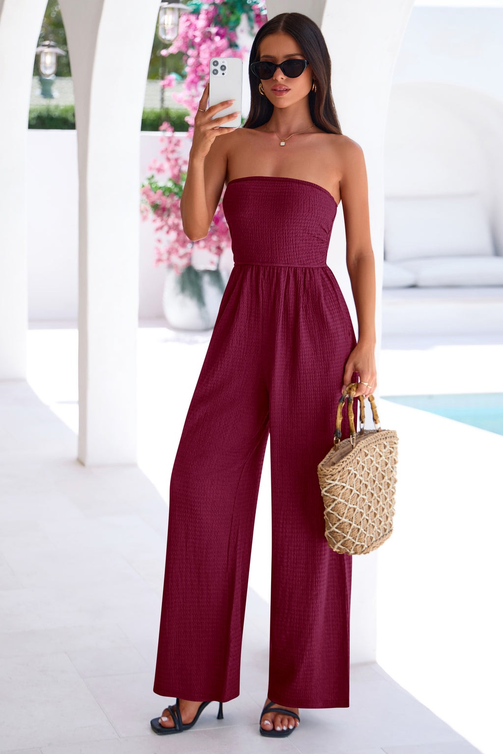 MASCOMODA One Piece Jumpsuits for Women Strapless Smocked Casual Rompers Long Pants with Pockets Vacation Summer Outfits