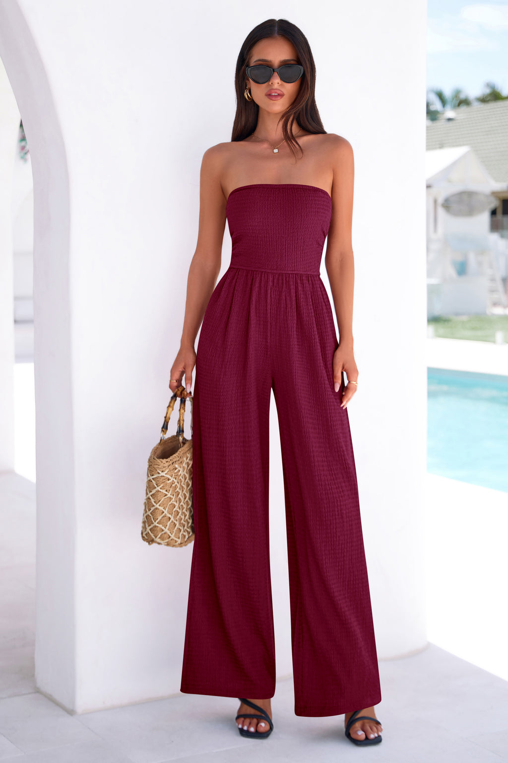 MASCOMODA One Piece Jumpsuits for Women Strapless Smocked Casual Rompers Long Pants with Pockets Vacation Summer Outfits