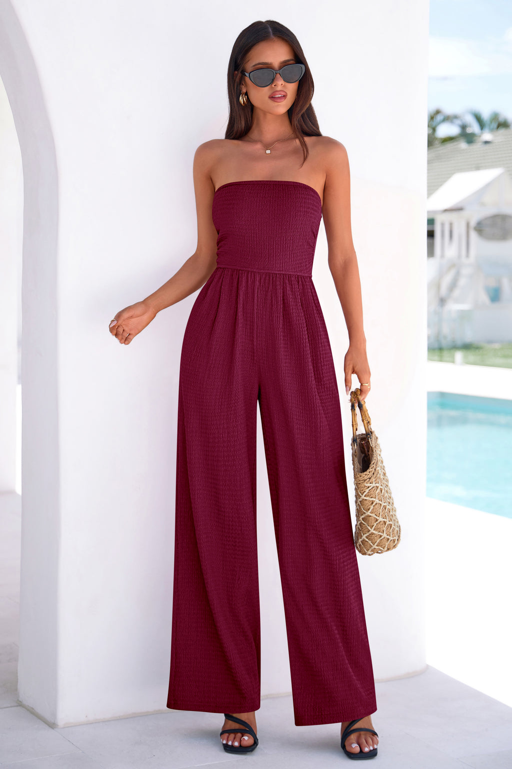MASCOMODA One Piece Jumpsuits for Women Strapless Smocked Casual Rompers Long Pants with Pockets Vacation Summer Outfits