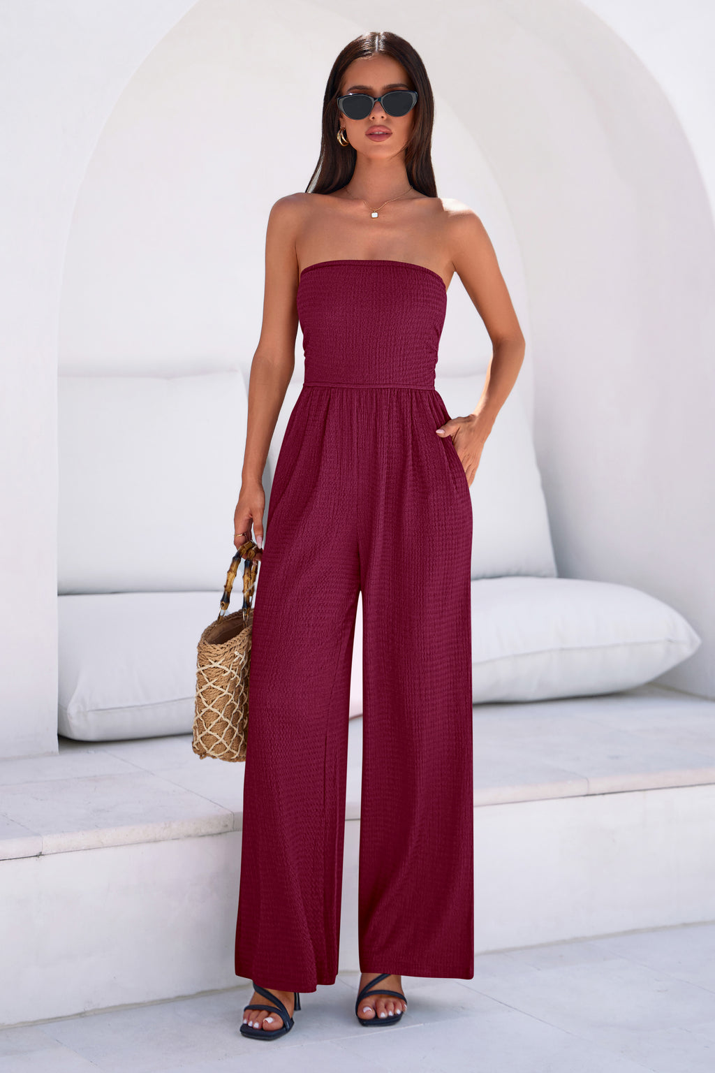 MASCOMODA One Piece Jumpsuits for Women Strapless Smocked Casual Rompers Long Pants with Pockets Vacation Summer Outfits