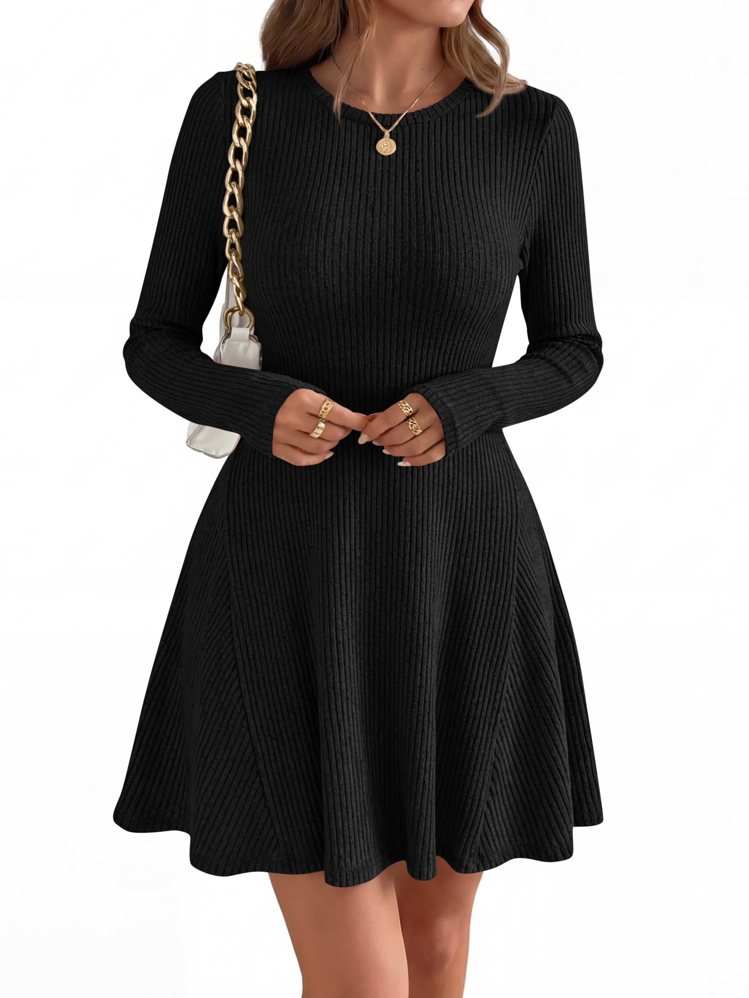 MASCOMODA Womens Fall Fashion 2026 Long Sleeve Mini Sweater Dress Casual Crewneck Ribbed Knit A Line Short Cocktail Dresses