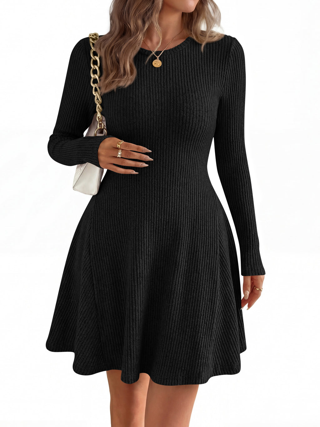 MASCOMODA Womens Fall Fashion 2026 Long Sleeve Mini Sweater Dress Casual Crewneck Ribbed Knit A Line Short Cocktail Dresses