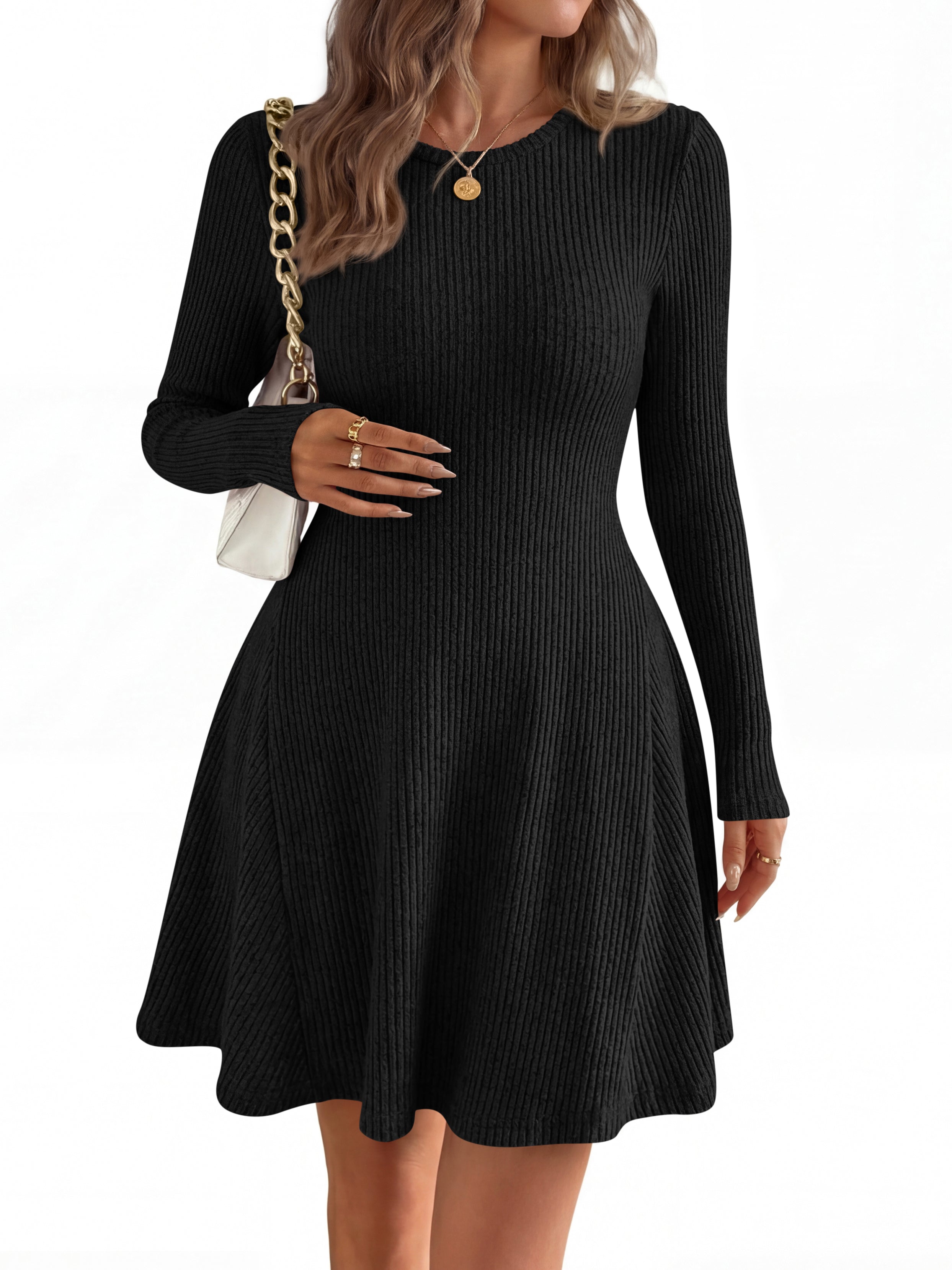 MASCOMODA Womens Fall Fashion 2026 Long Sleeve Mini Sweater Dress Casual Crewneck Ribbed Knit A Line Short Cocktail Dresses