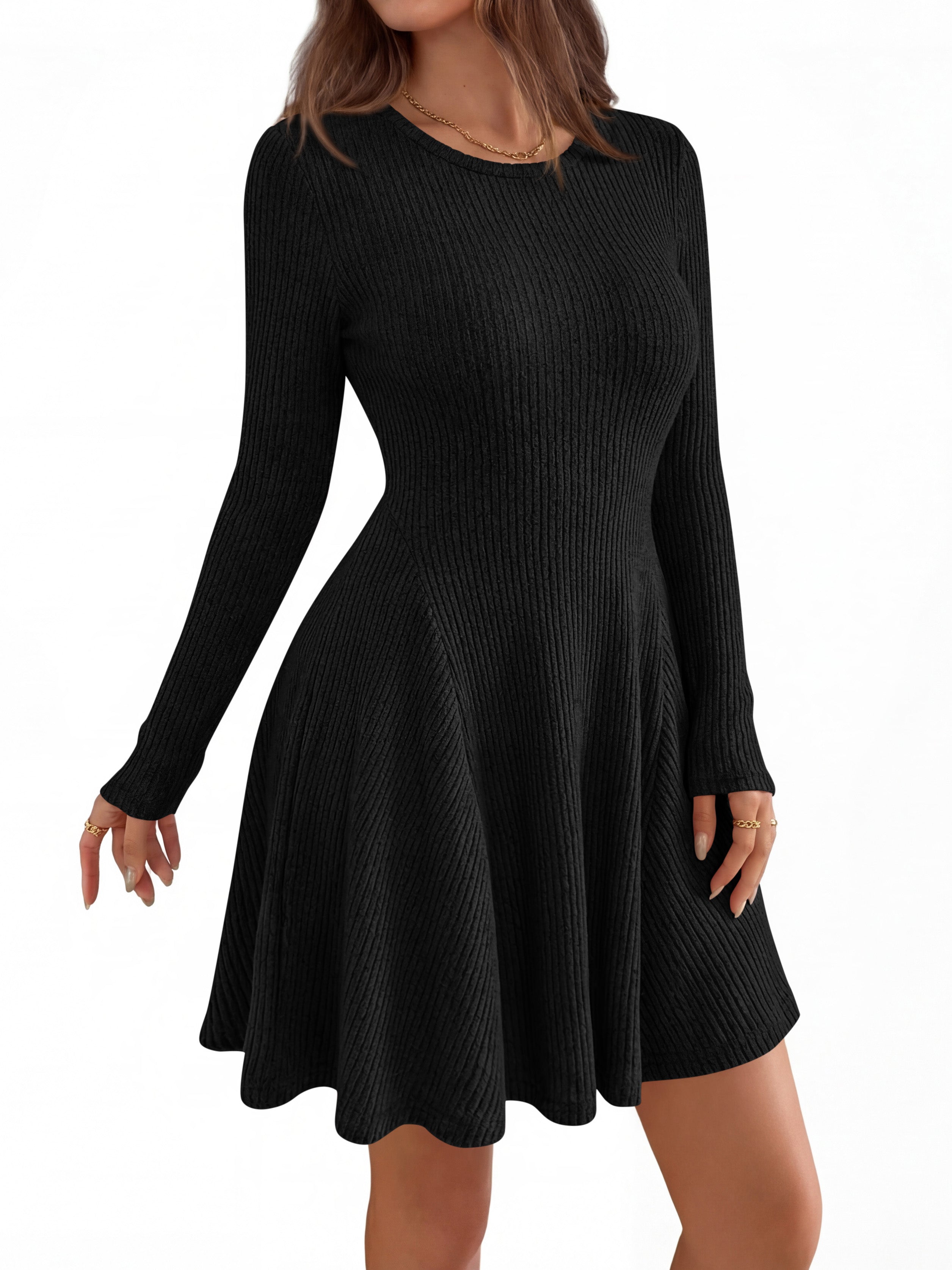 MASCOMODA Womens Fall Fashion 2026 Long Sleeve Mini Sweater Dress Casual Crewneck Ribbed Knit A Line Short Cocktail Dresses
