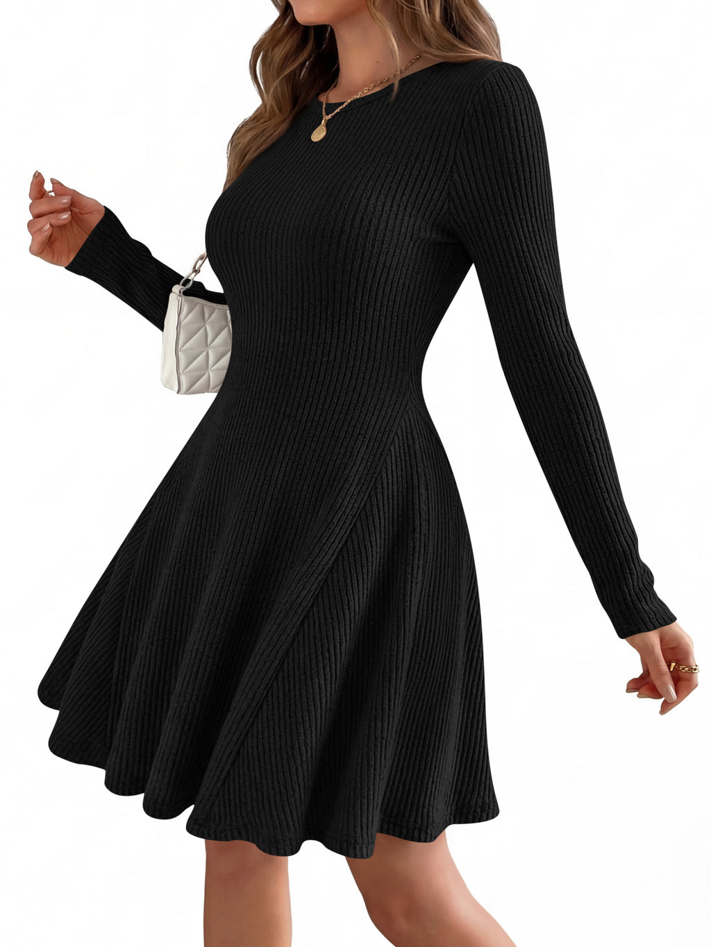 MASCOMODA Womens Fall Fashion 2026 Long Sleeve Mini Sweater Dress Casual Crewneck Ribbed Knit A Line Short Cocktail Dresses