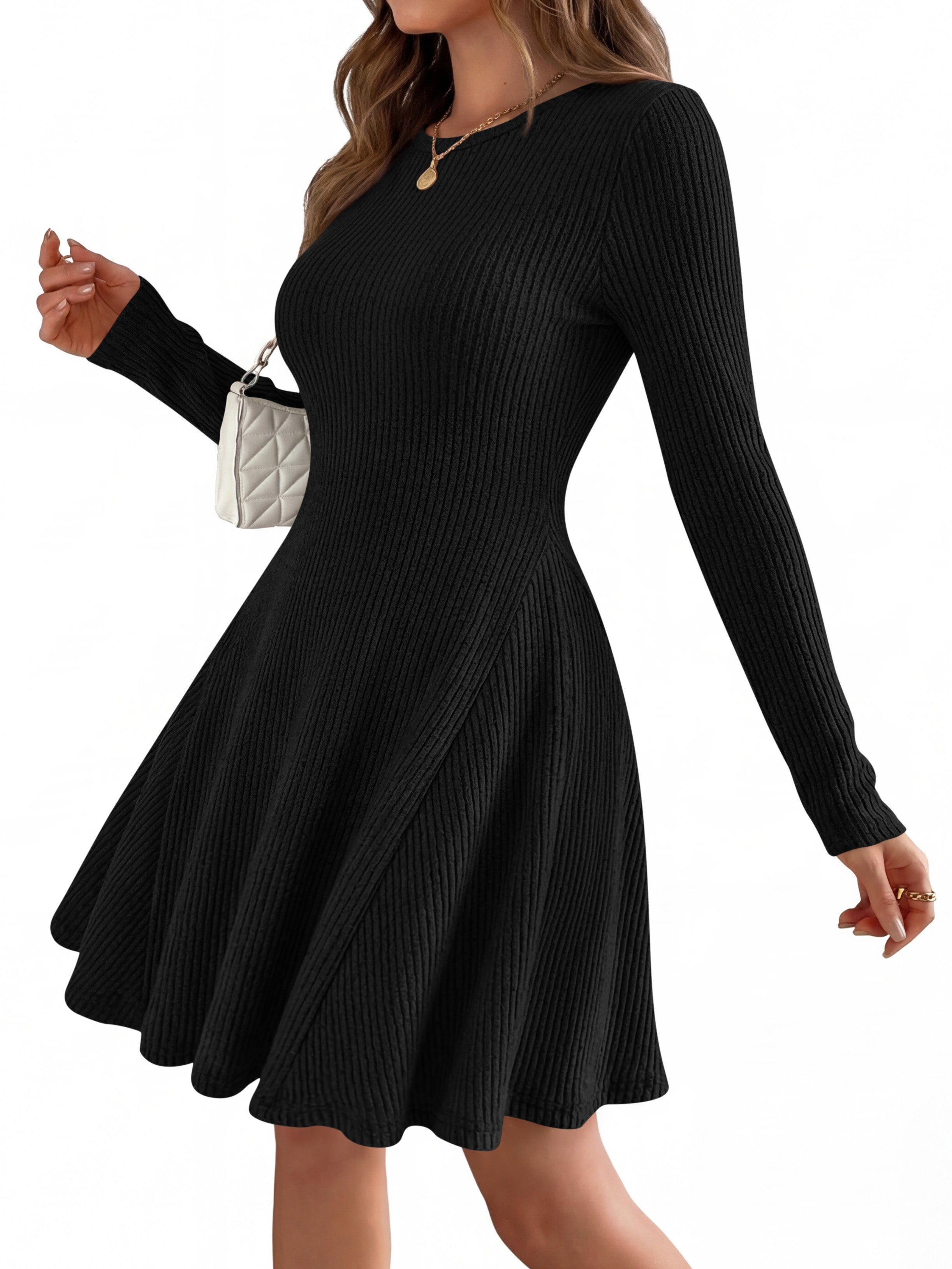 MASCOMODA Womens Fall Fashion 2026 Long Sleeve Mini Sweater Dress Casual Crewneck Ribbed Knit A Line Short Cocktail Dresses