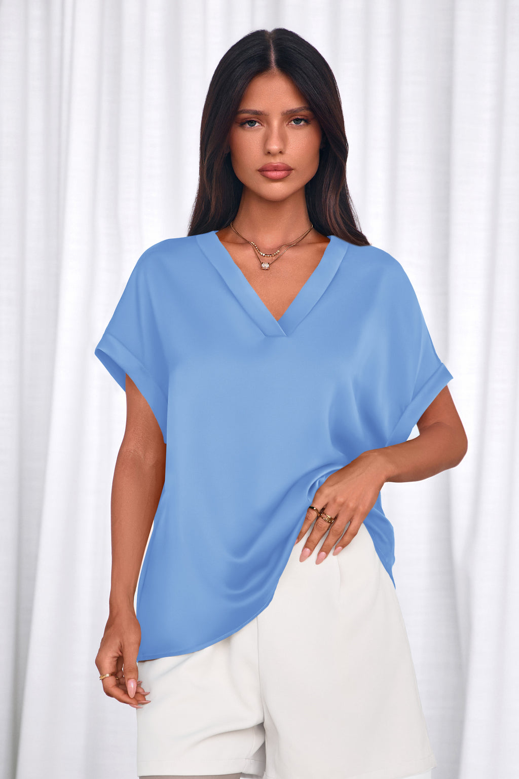 MASCOMODA Womens V Neck Silk Satin Tops Dressy Short Sleeve Work Blouses Spring Summer Loose T Shirts Business Casual Outfits