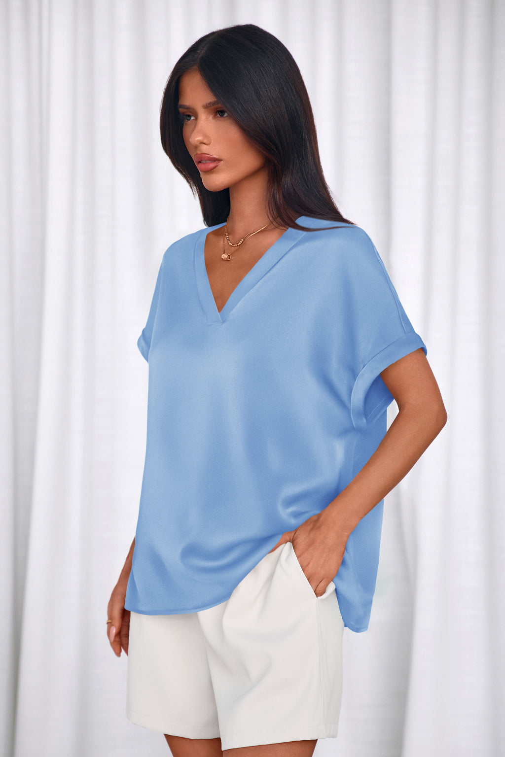 MASCOMODA Womens V Neck Silk Satin Tops Dressy Short Sleeve Work Blouses Spring Summer Loose T Shirts Business Casual Outfits