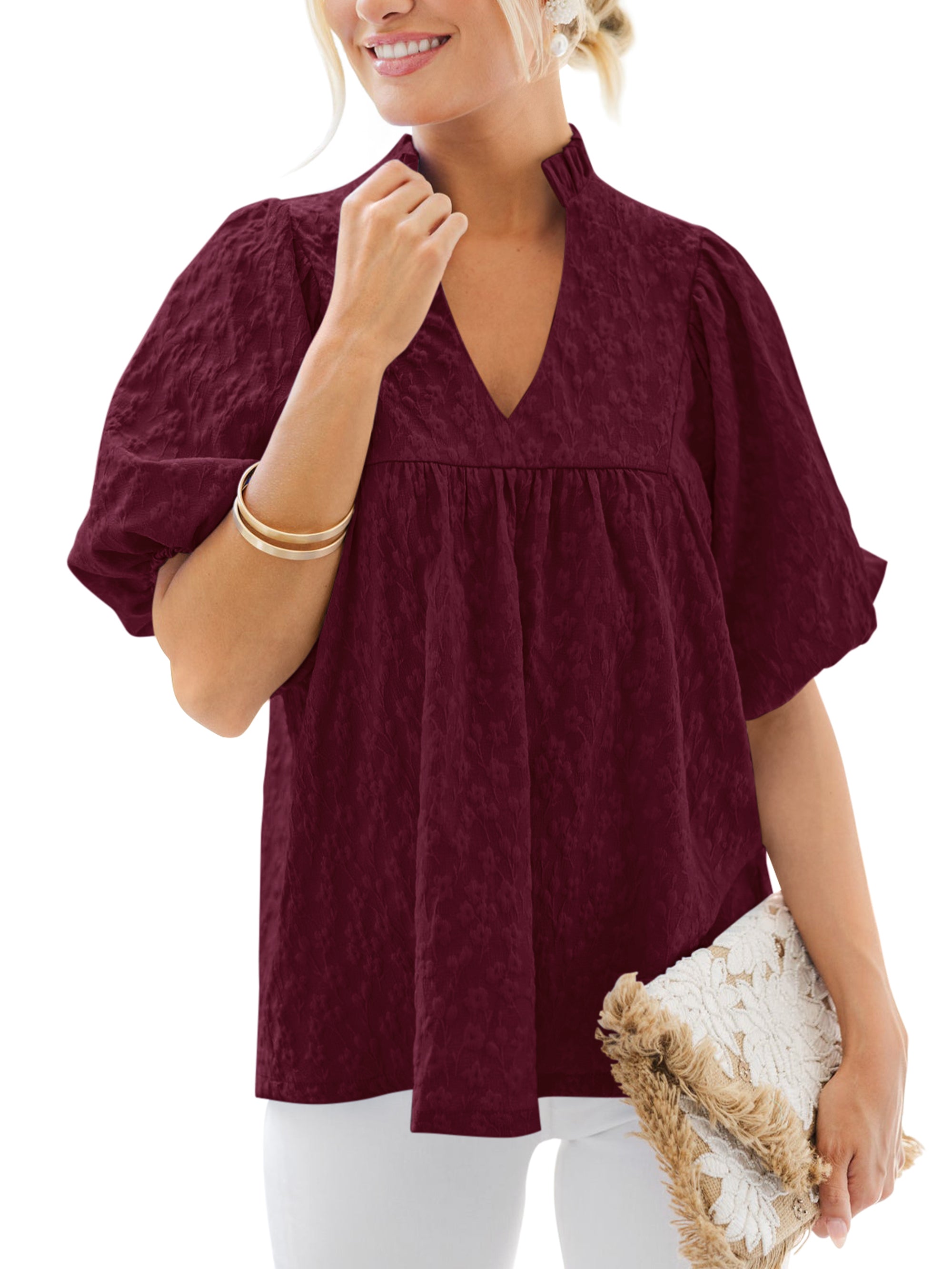 MASCOMODA Womens Summer Tops 2026 Ruffle V Neck Blouses Loose Puff Short Sleeve Jacquard Babydoll Tops Casual Dressy T-Shirts