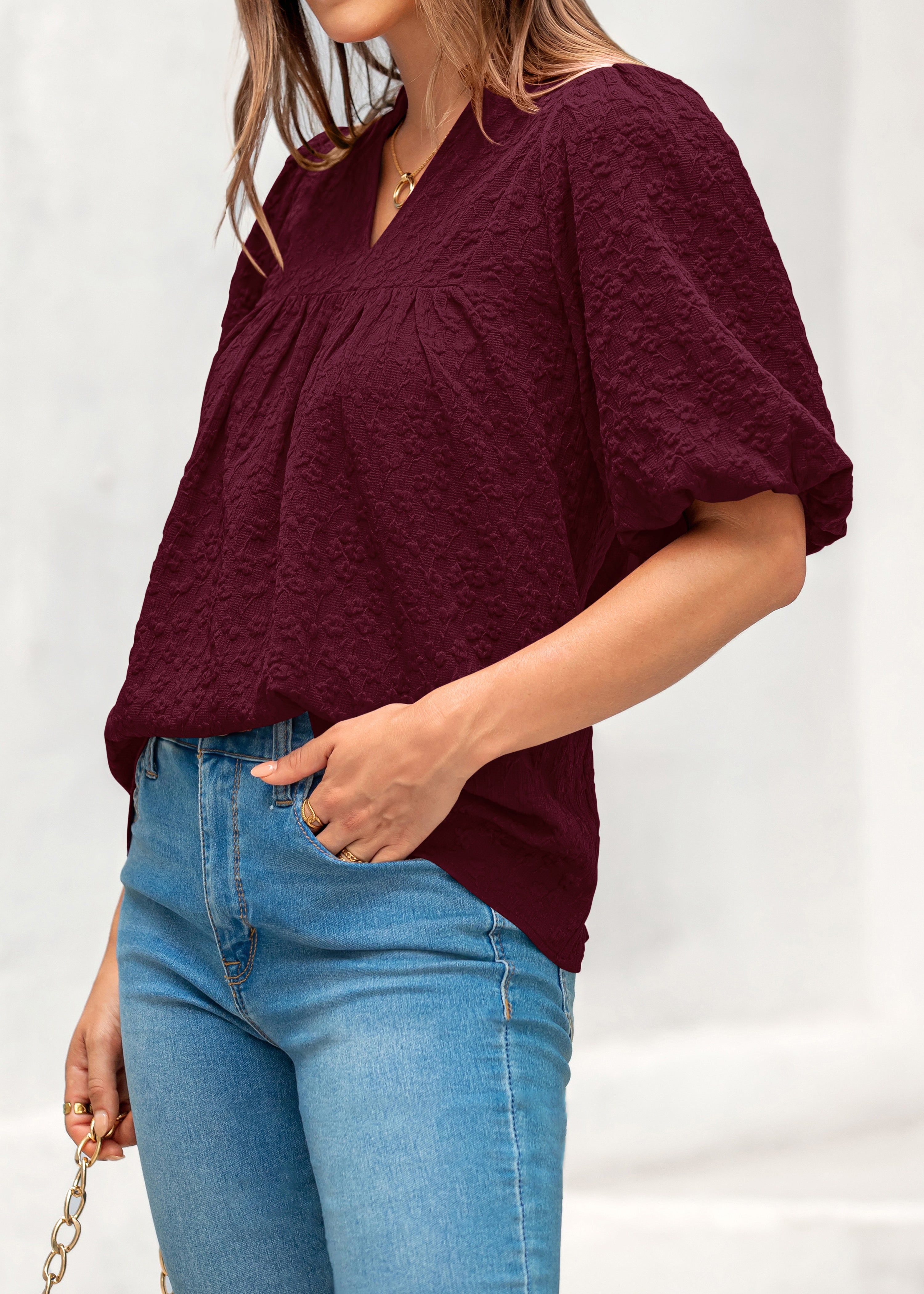 MASCOMODA Womens Summer Tops 2026 Ruffle V Neck Blouses Loose Puff Short Sleeve Jacquard Babydoll Tops Casual Dressy T-Shirts