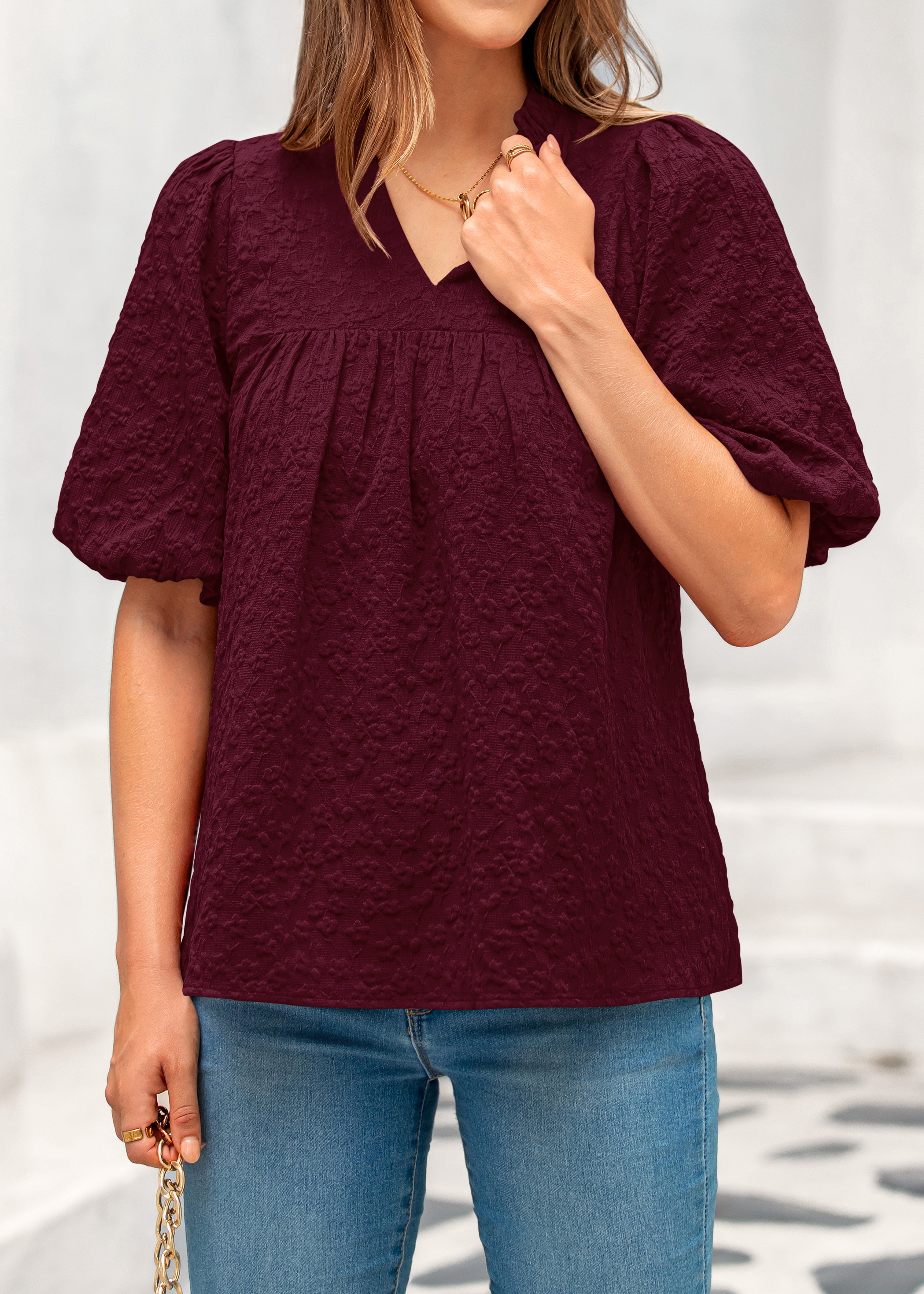MASCOMODA Womens Summer Tops 2026 Ruffle V Neck Blouses Loose Puff Short Sleeve Jacquard Babydoll Tops Casual Dressy T-Shirts