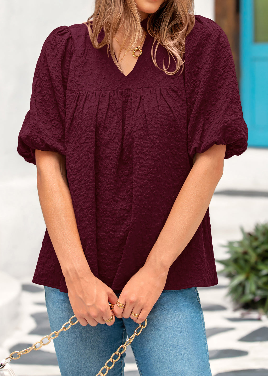 MASCOMODA Womens Summer Tops 2026 Ruffle V Neck Blouses Loose Puff Short Sleeve Jacquard Babydoll Tops Casual Dressy T-Shirts