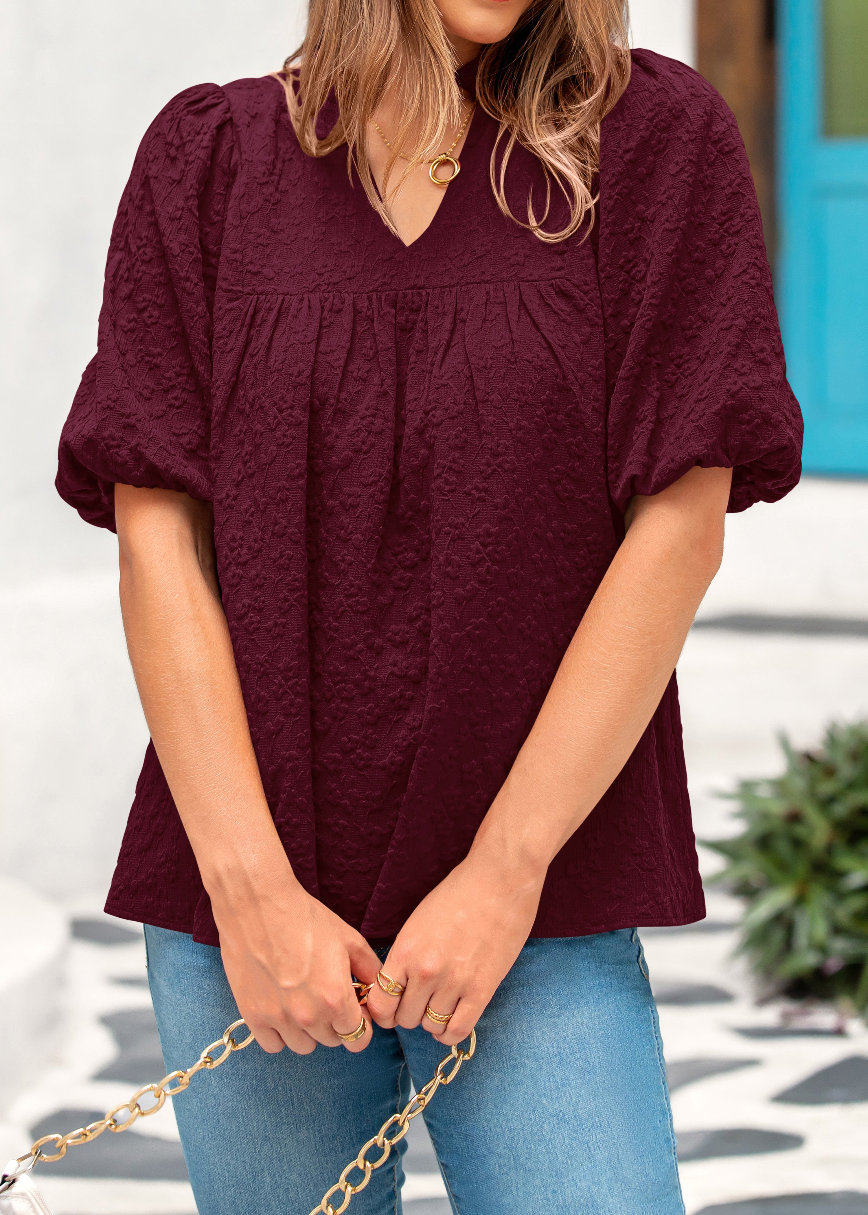 MASCOMODA Womens Summer Tops 2026 Ruffle V Neck Blouses Loose Puff Short Sleeve Jacquard Babydoll Tops Casual Dressy T-Shirts