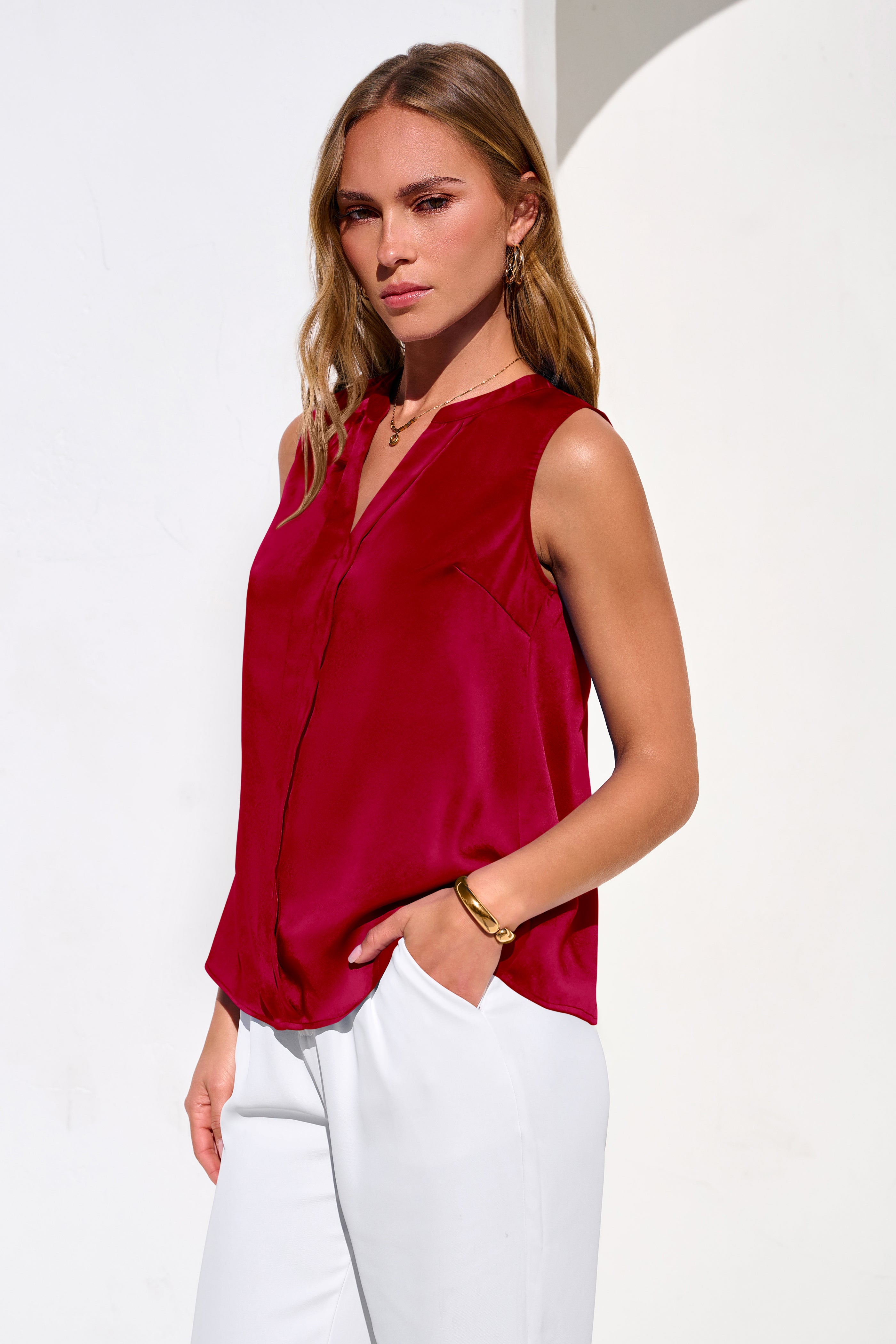 MASCOMODA Women's Satin V Neck Tank Tops Dressy Spring Summer 2026 Silk Sleeveless Blouse Work Shirts Business Casual Outfits