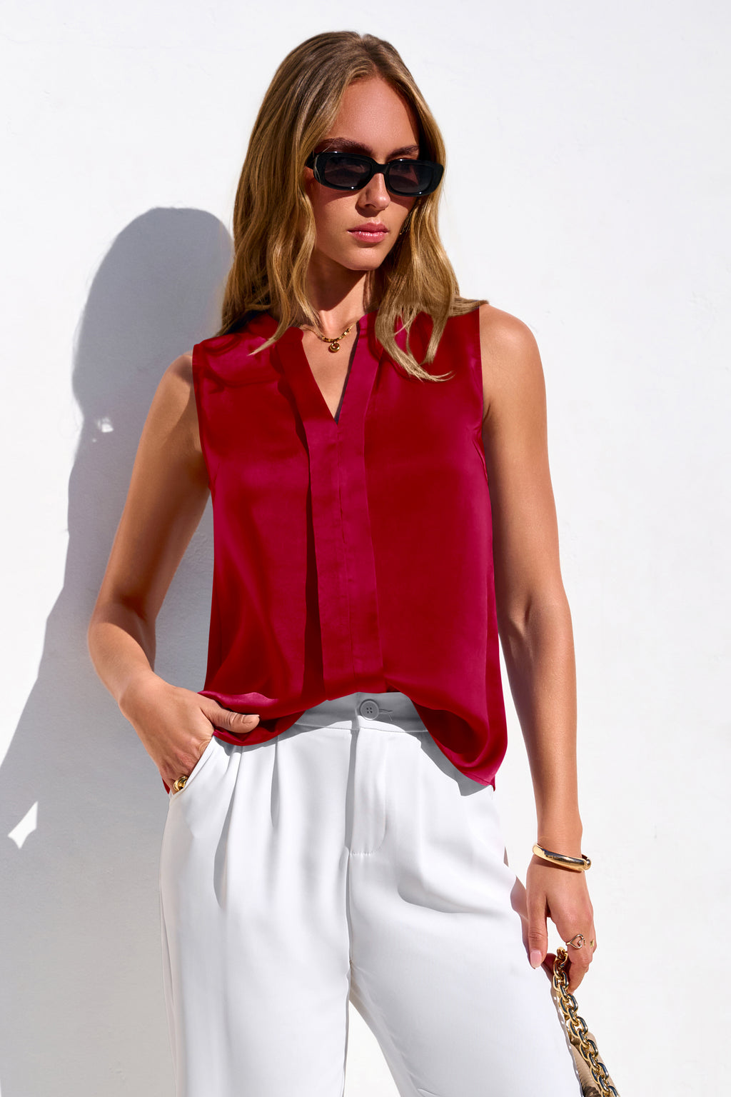 MASCOMODA Women's Satin V Neck Tank Tops Dressy Spring Summer 2026 Silk Sleeveless Blouse Work Shirts Business Casual Outfits