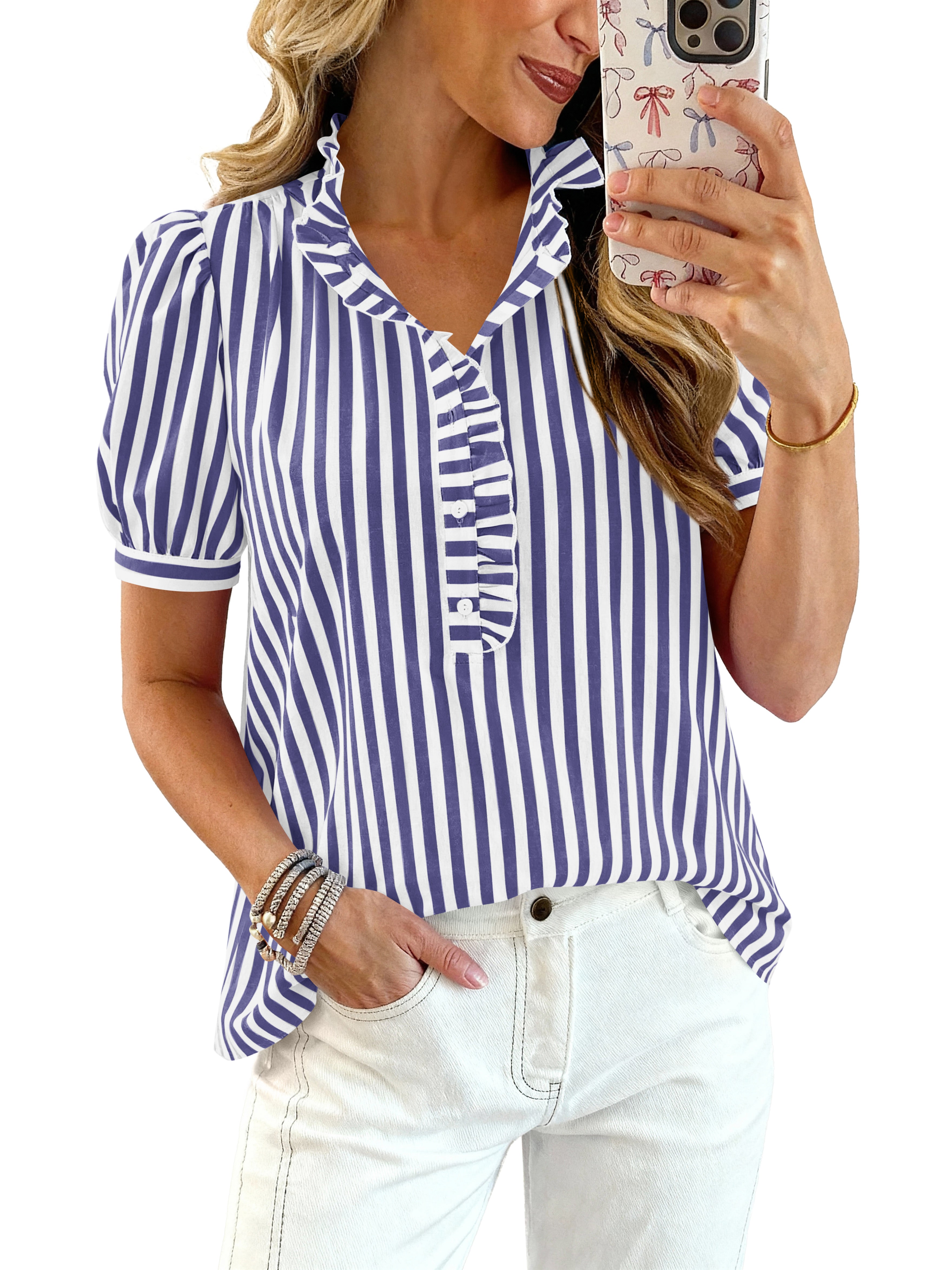 MASCOMODA Women's Short Puff Sleeve V Neck Ruffled Trim Striped Plaid Shirts Summer Casual Tops Button Up Work Blouse