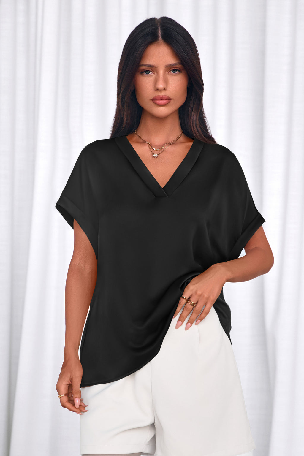 MASCOMODA Womens V Neck Silk Satin Tops Dressy Short Sleeve Work Blouses Spring Summer Loose T Shirts Business Casual Outfits