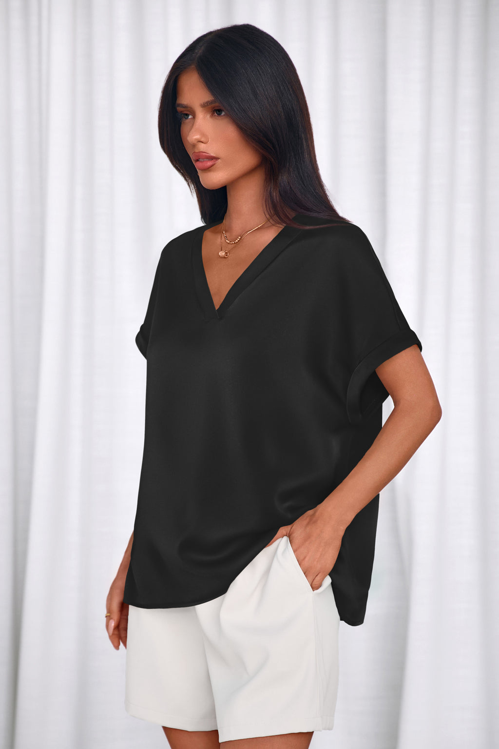 MASCOMODA Womens V Neck Silk Satin Tops Dressy Short Sleeve Work Blouses Spring Summer Loose T Shirts Business Casual Outfits