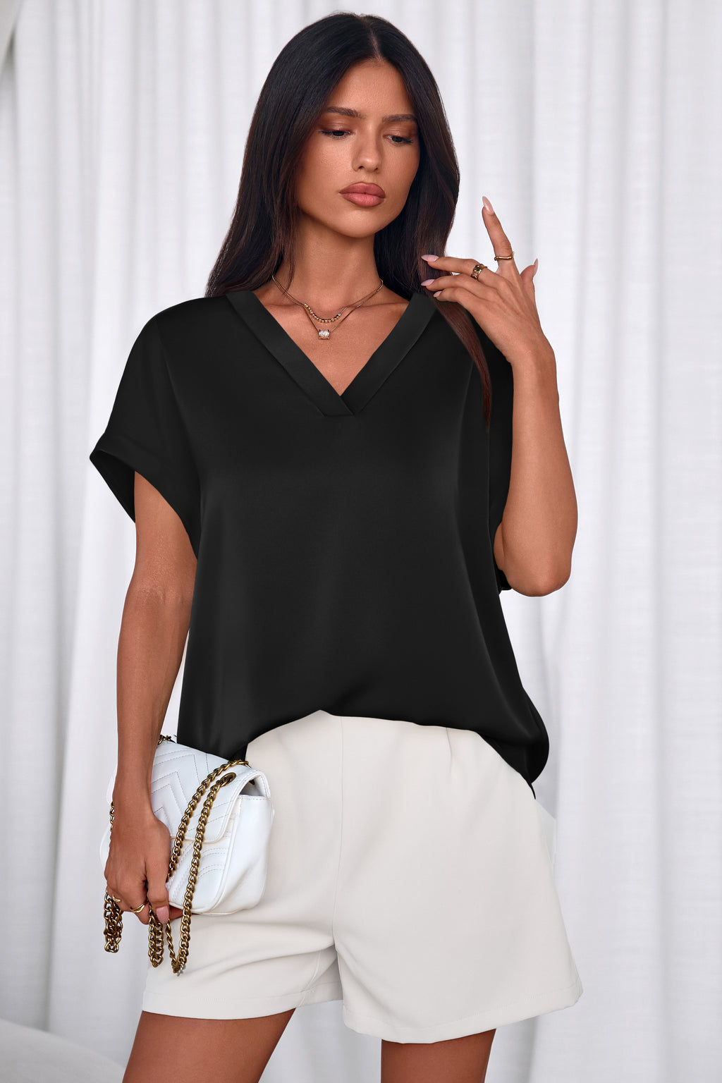 MASCOMODA Womens V Neck Silk Satin Tops Dressy Short Sleeve Work Blouses Spring Summer Loose T Shirts Business Casual Outfits