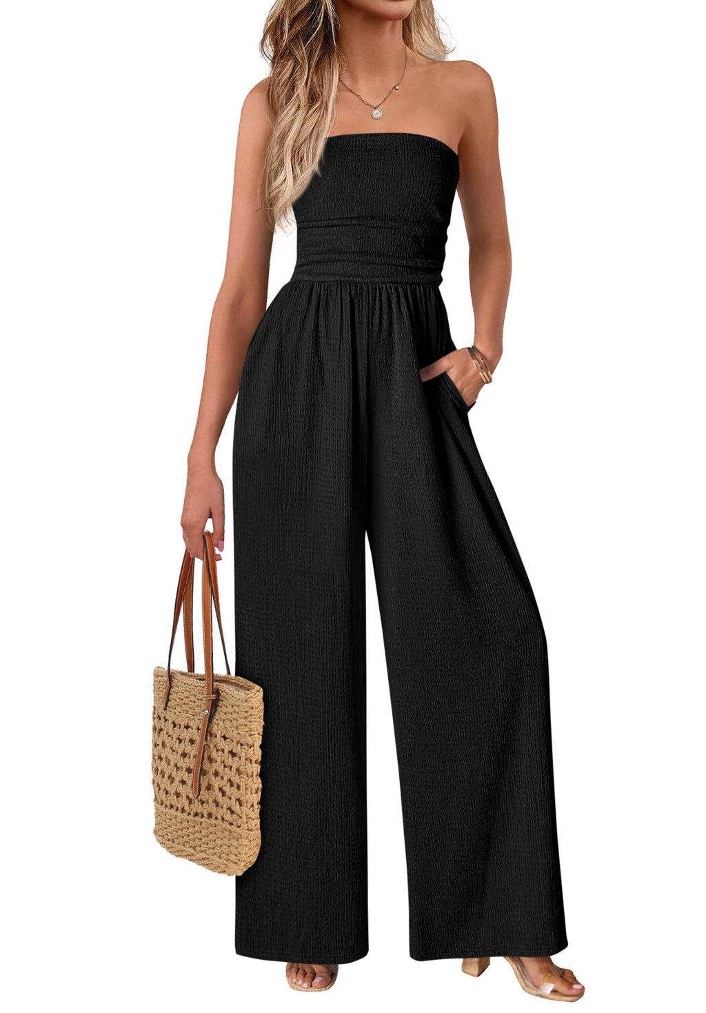 MASCOMODA One Piece Jumpsuits for Women Strapless Smocked Casual Rompers Long Pants with Pockets Vacation Summer Outfits