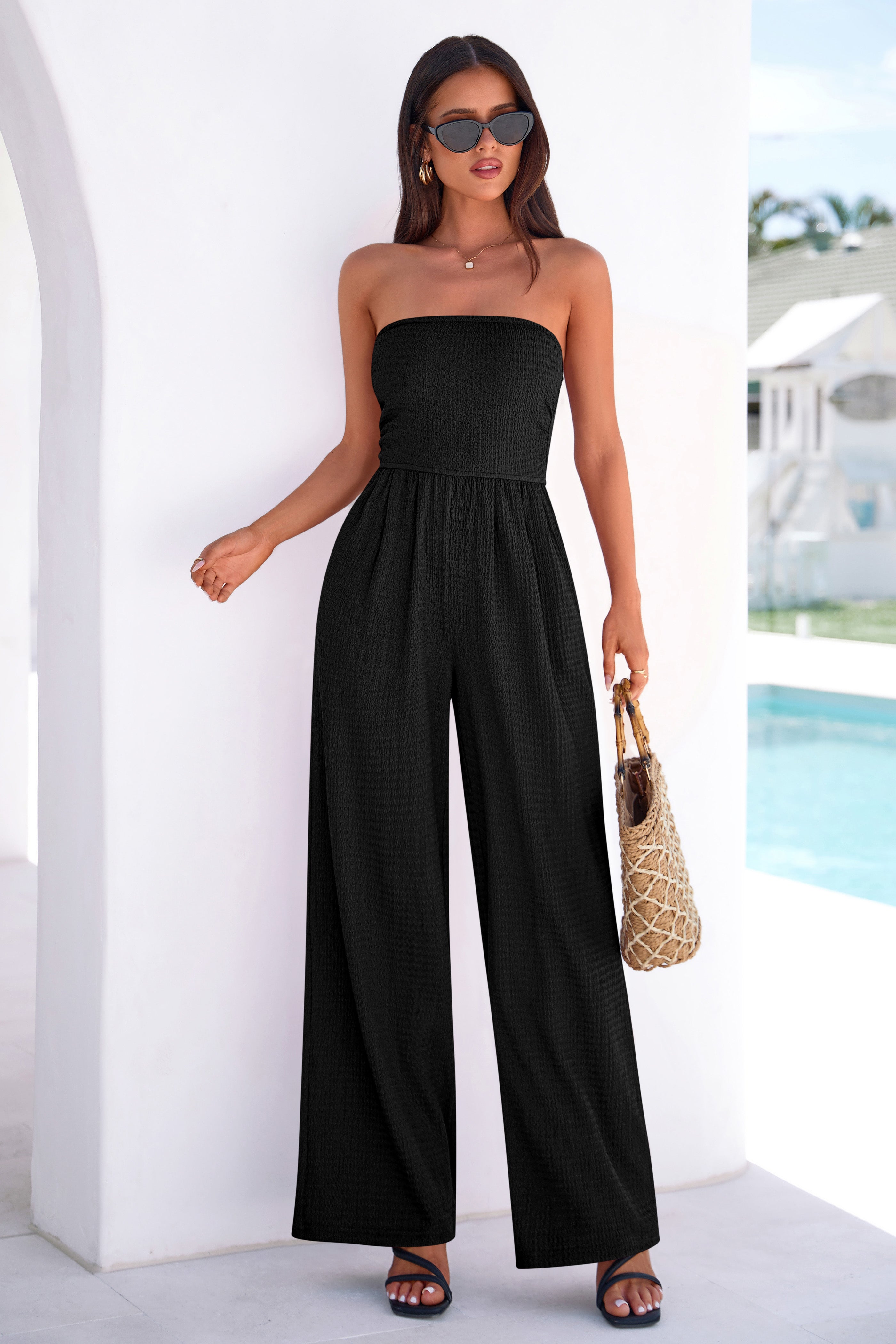 MASCOMODA One Piece Jumpsuits for Women Strapless Smocked Casual Rompers Long Pants with Pockets Vacation Summer Outfits
